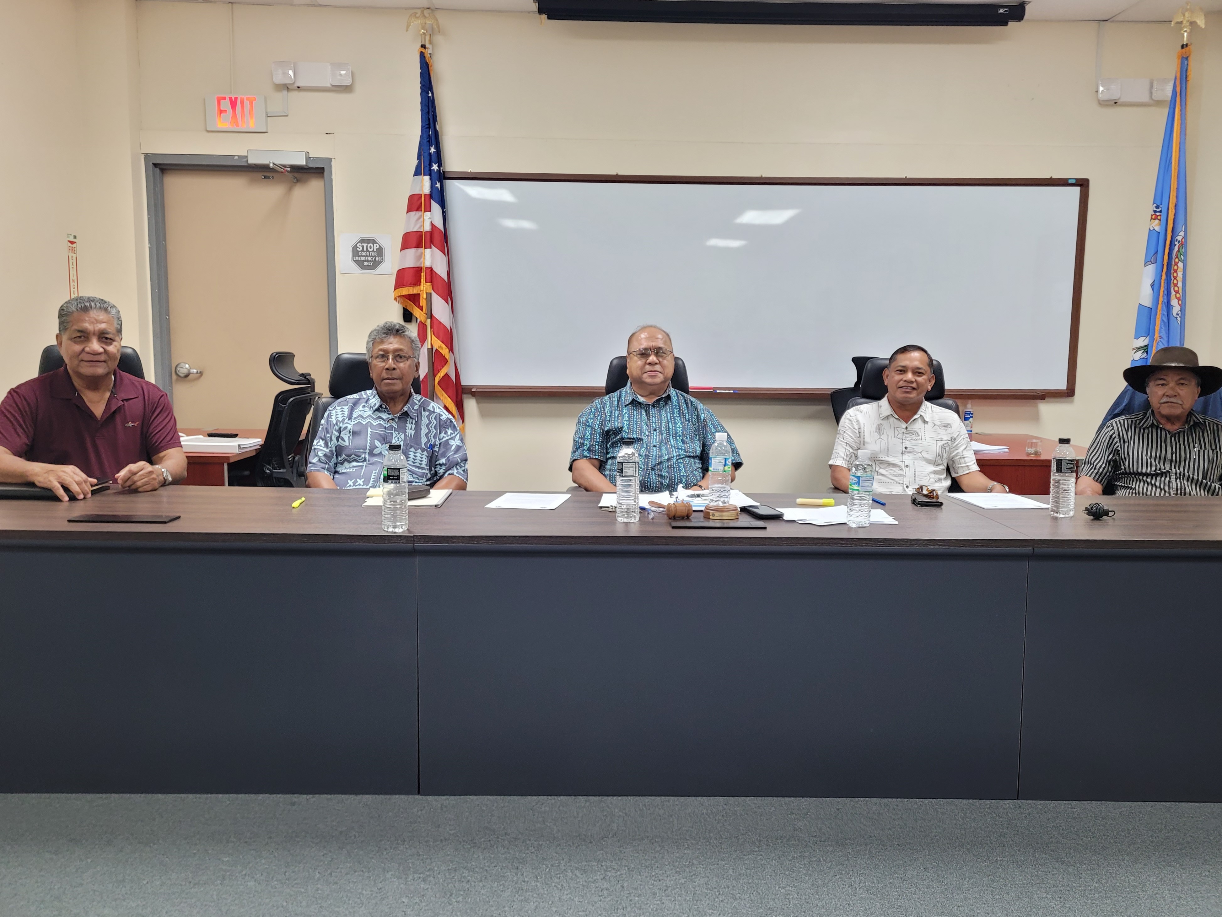 From left, Commonwealth Casino Commission members Martin Mendiola and Mario Taitano, Chairman Edward C. Deleon Guerrero, Vice Chairman Ralph S. Demapan and member Ramon M. Dela Cruz pose for a photo after  a meeting on Thursday in Gualo Rai.