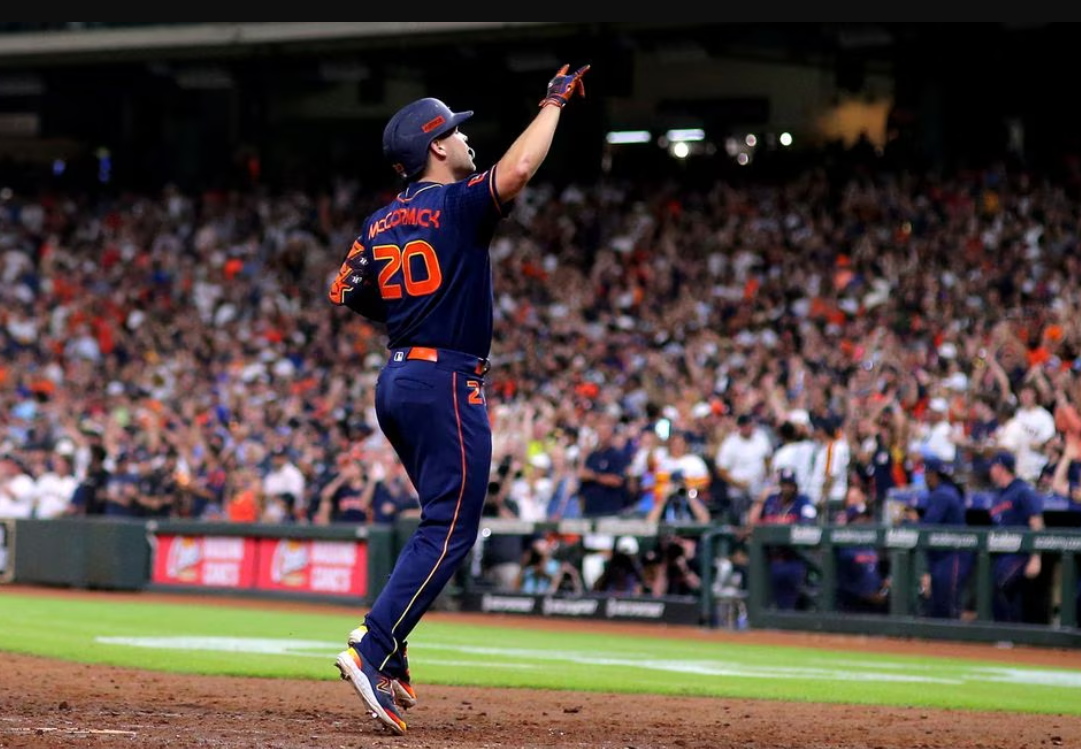 Houston Astros left fielder Chas McCormick (20) crosses home plate after hitting a three-run home run against the Texas Rangers during the seventh inning at Minute Maid Park in Houston, Texas, July 24, 2023.