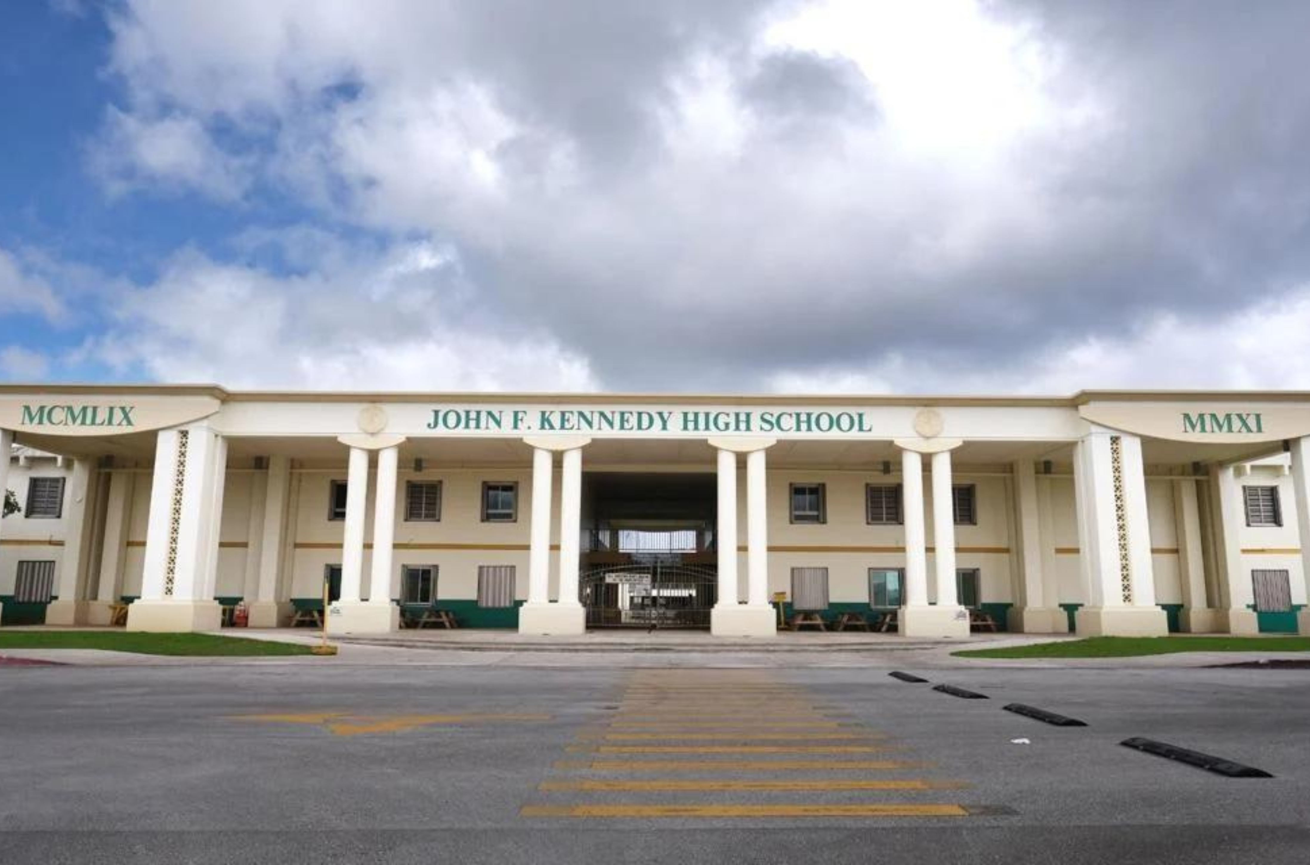 John F. Kennedy High School is shown June 8, 2023, in Tamuning. The lease-back school recently failed a safety inspection.