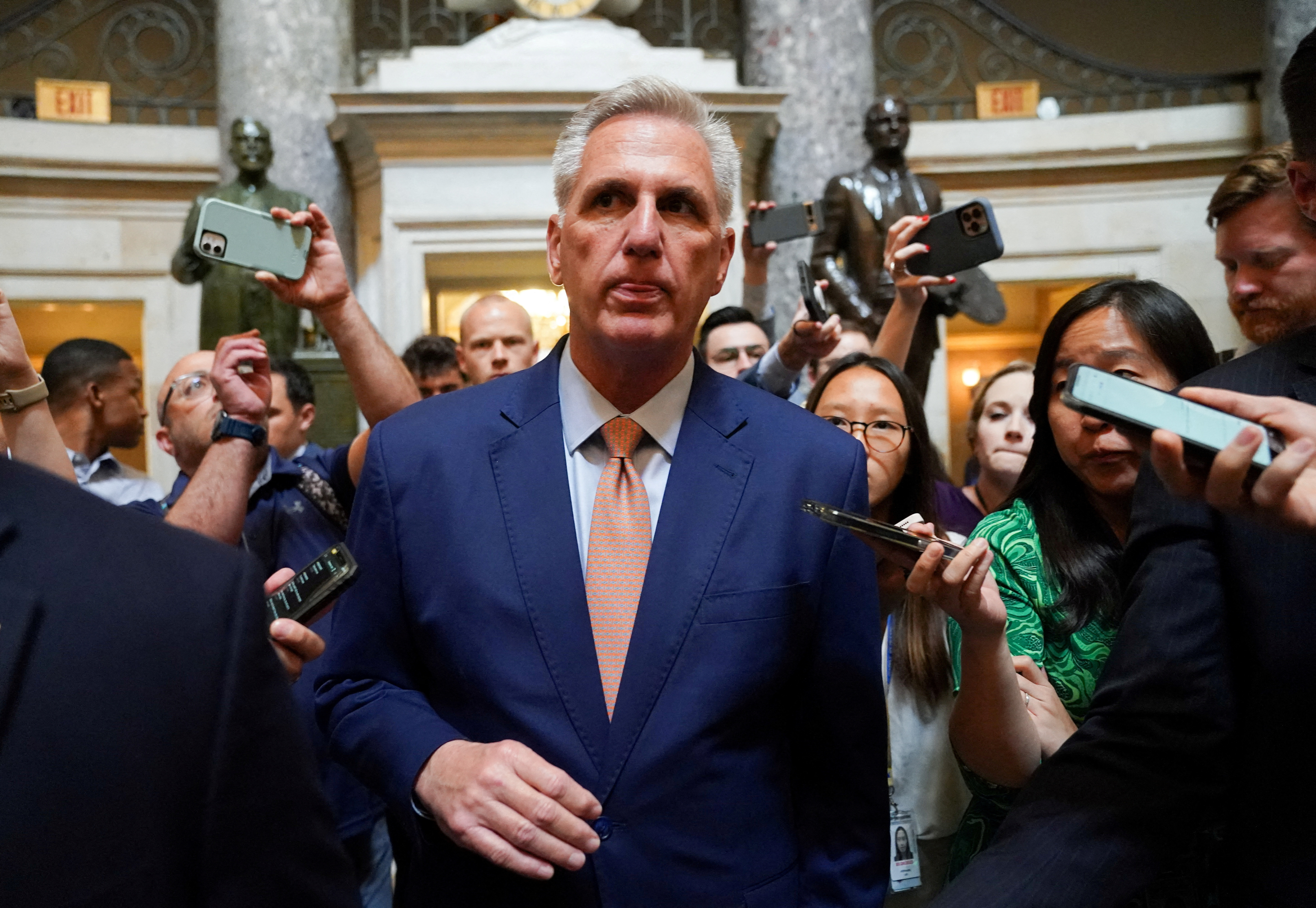 Speaker of the House Kevin McCarthy talks to reporters about the debt ceiling after the departure of White House negotiators, at the U.S. Capitol in Washington, U.S., May 23, 2023. REUTERS/Kevin Lamarque/File Photo