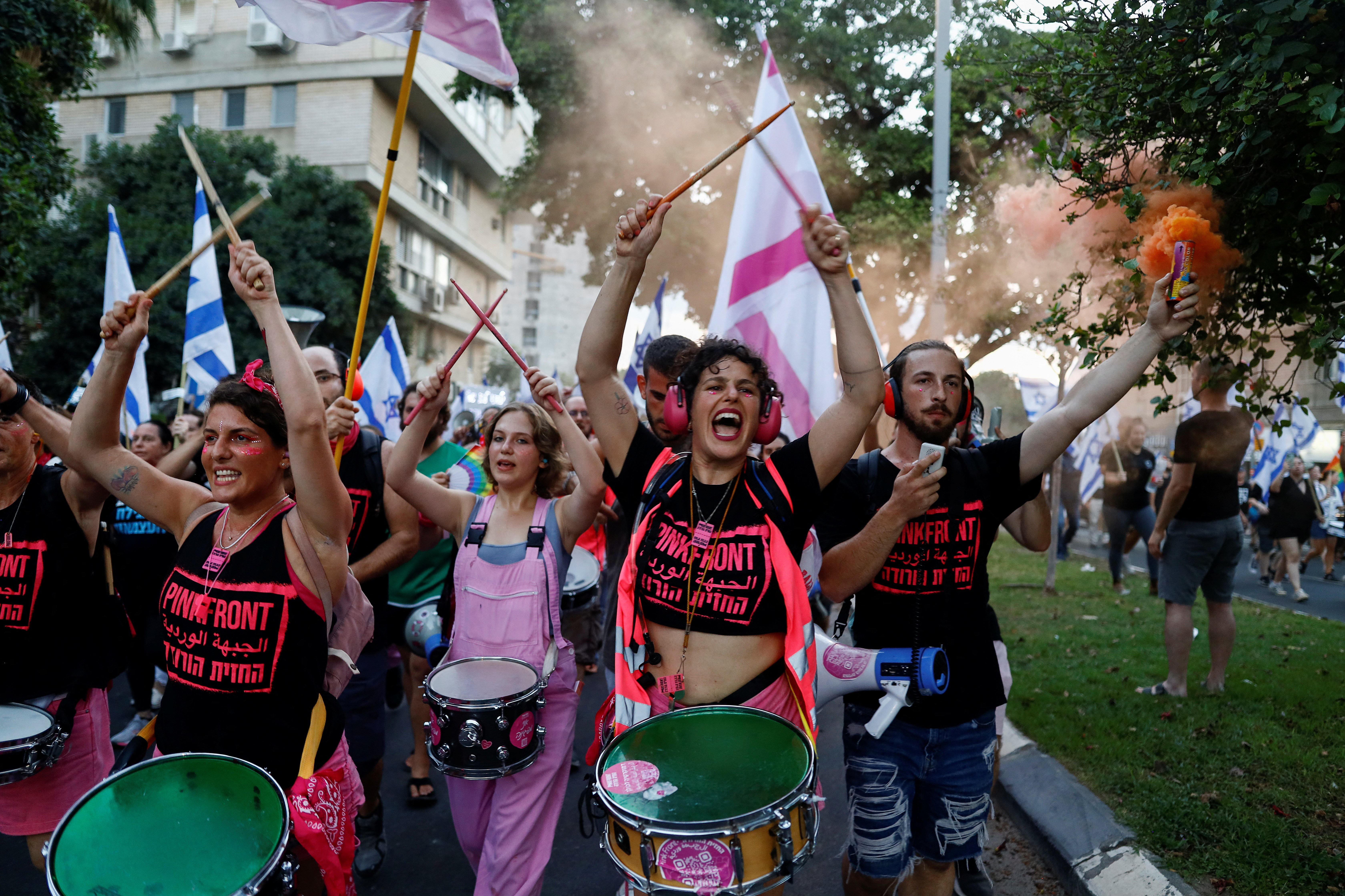 People take part in a demonstration against Israeli Prime Minister Benjamin Netanyahu and his nationalist coalition government's judicial overhaul, in Tel Aviv, Israel, July 22, 2023. REUTERS/Corinna Kern