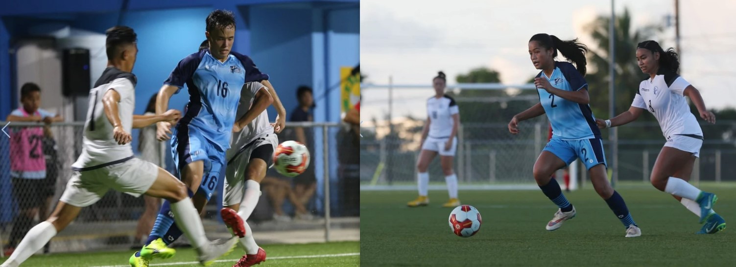 The NMI’s Dai Podziewski (16) and Guinevere Borja (2) in action during the Marianas Football Cup 2018 at the NMI Soccer Training Center. After a three-year absence due to the pandemic, the Marianas Football Cup is back with Guam and the NMI’s U23 men’s and U23 women’s teams squaring off on Aug. 3 and 5 at the NMI Soccer Training Center in Koblerville.