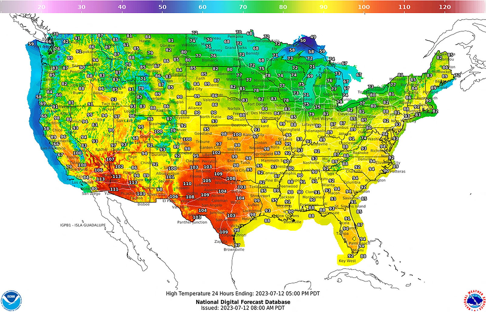 The highest temperatures (in Fahrenheit) forecast across the United States in a 24 hour period is seen in a graphic from the National Weather Service (NWS) July 12, 2023. NWS/Handout via REUTERS
