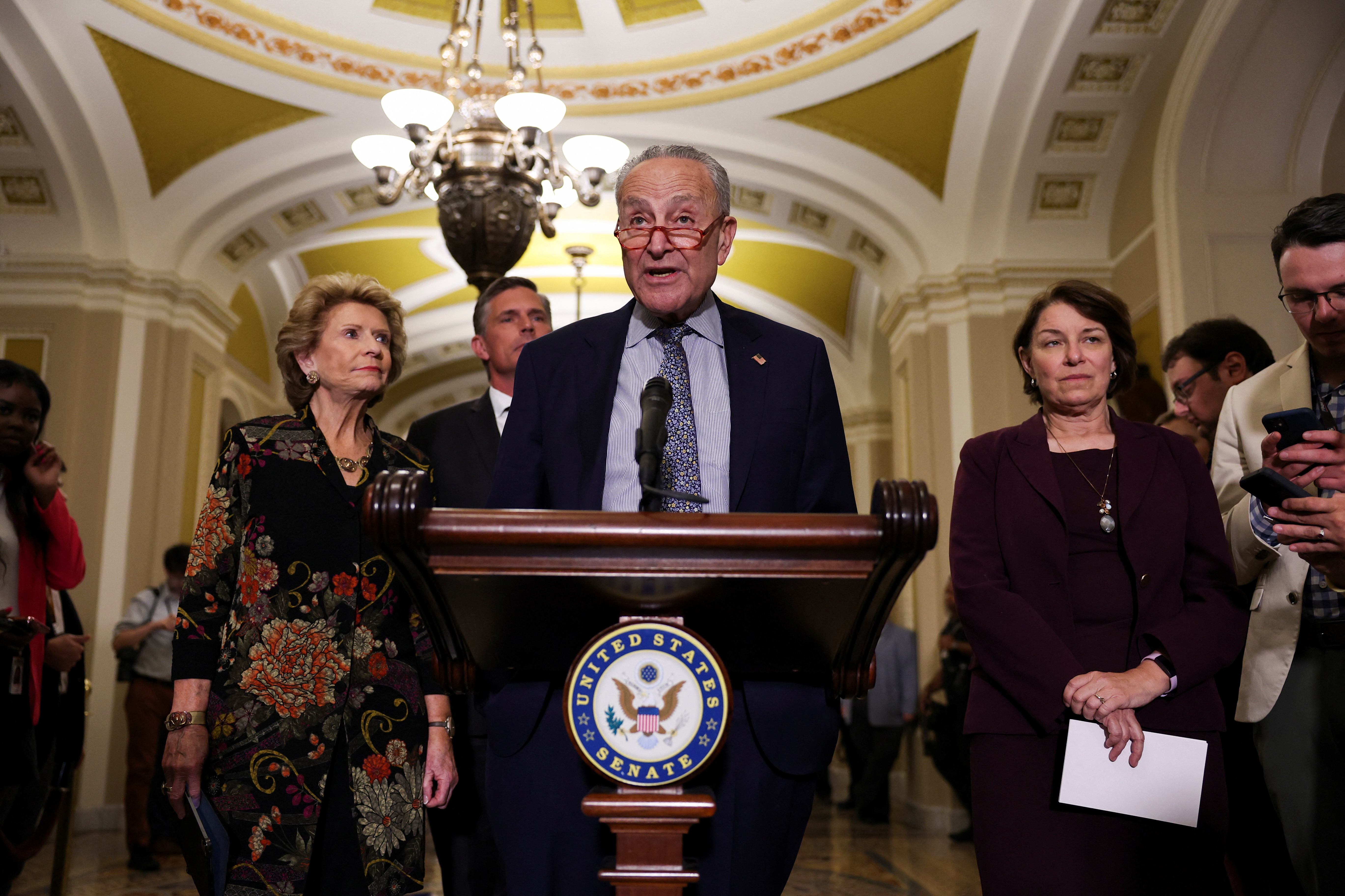 U.S. Senate Majority Leader Chuck Schumer (D-NY) addresses reporters following the Senate Democrats weekly policy lunch at the U.S. Capitol in Washington, U.S., July 11, 2023. REUTERS/Kevin Wurm