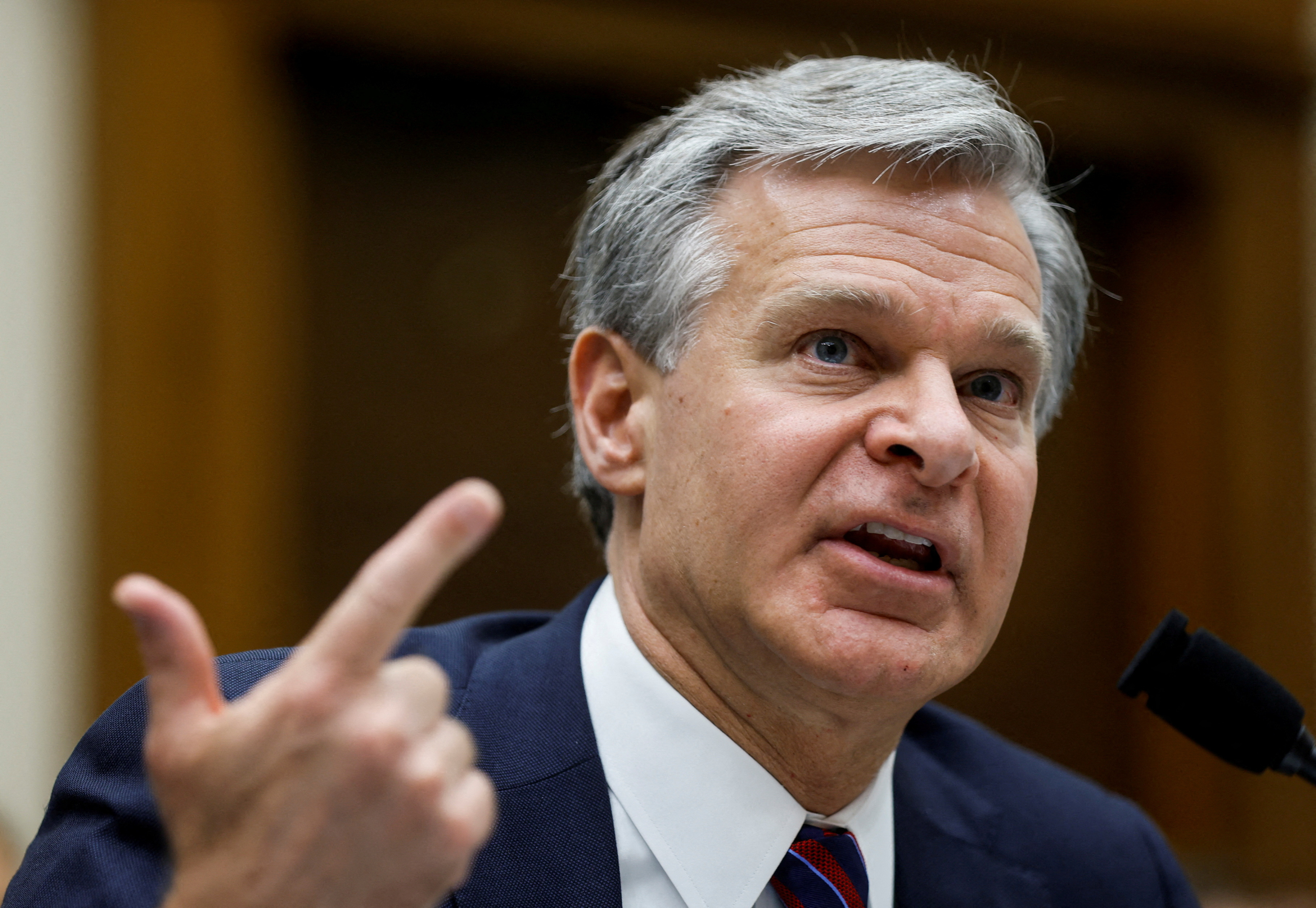 FBI Director Christopher Wray testifies before a House Judiciary Committee hearing on "oversight of the Federal Bureau of Investigation" and alleged politicization of law enforcement, on Capitol Hill in Washington, U.S., July 12, 2023. REUTERS/Jonathan Ernst/File Photo