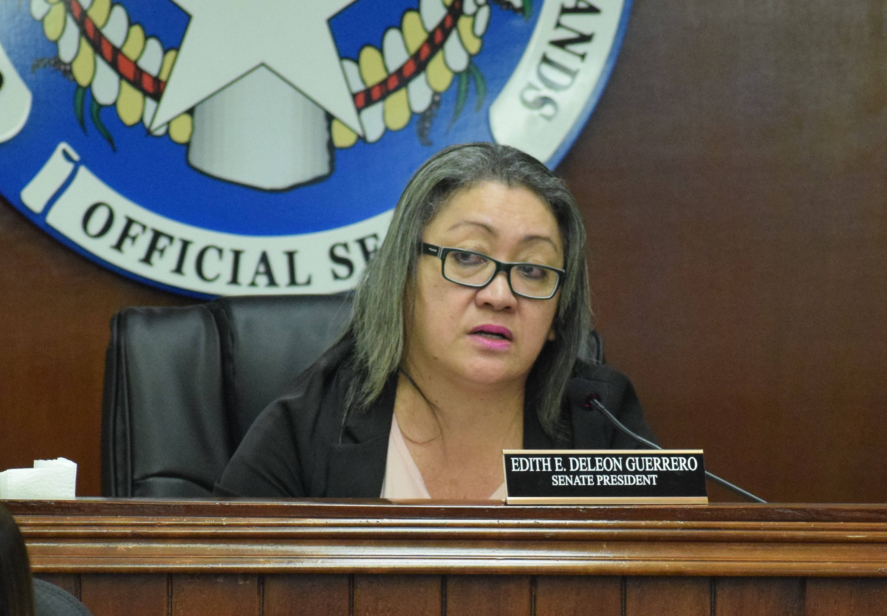 Senate President Edith Deleon Guerrero speaks during a Senate session.