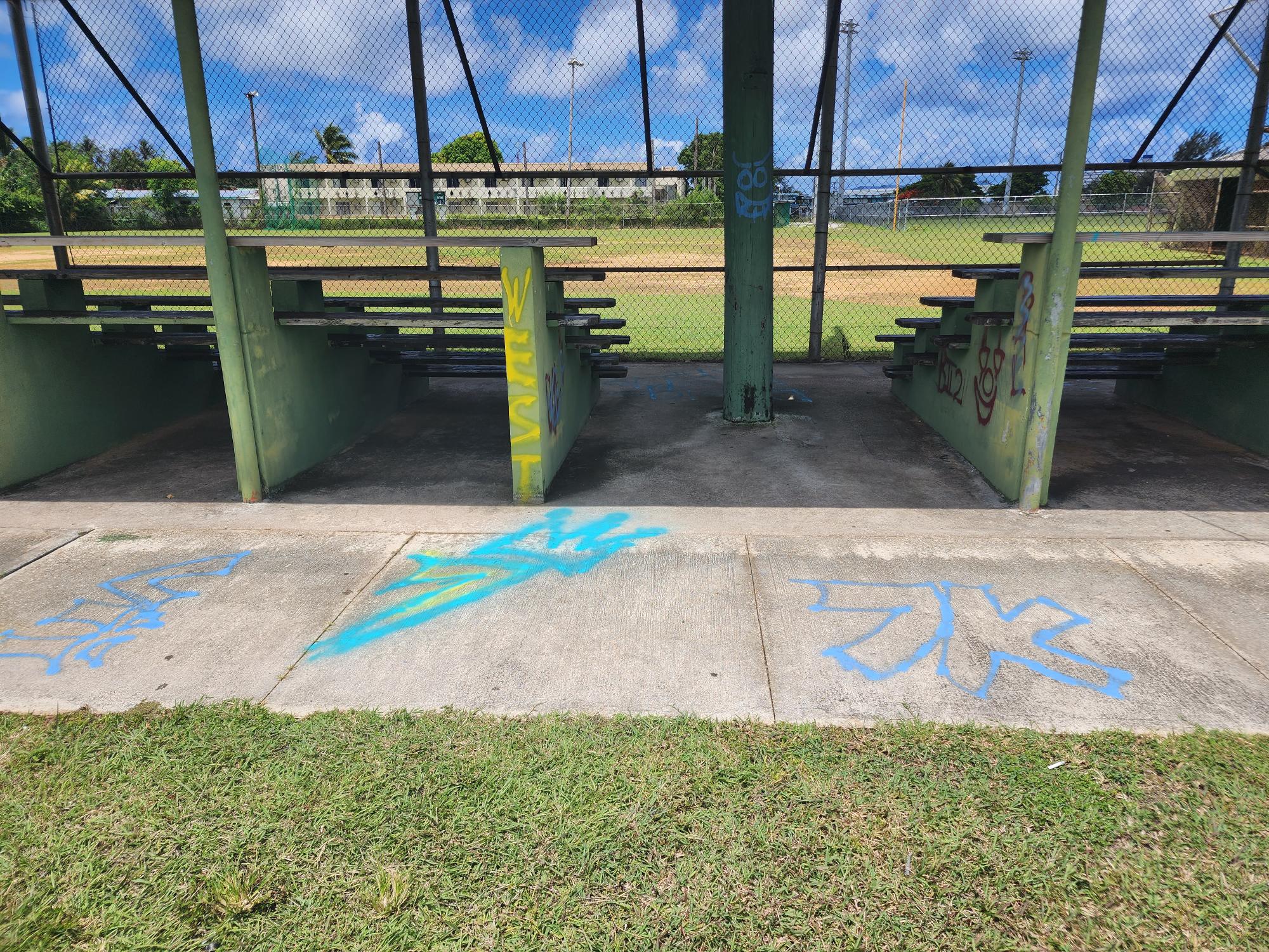 The baseball field’s bleachers, walkways, and walls were spray-painted with graffiti