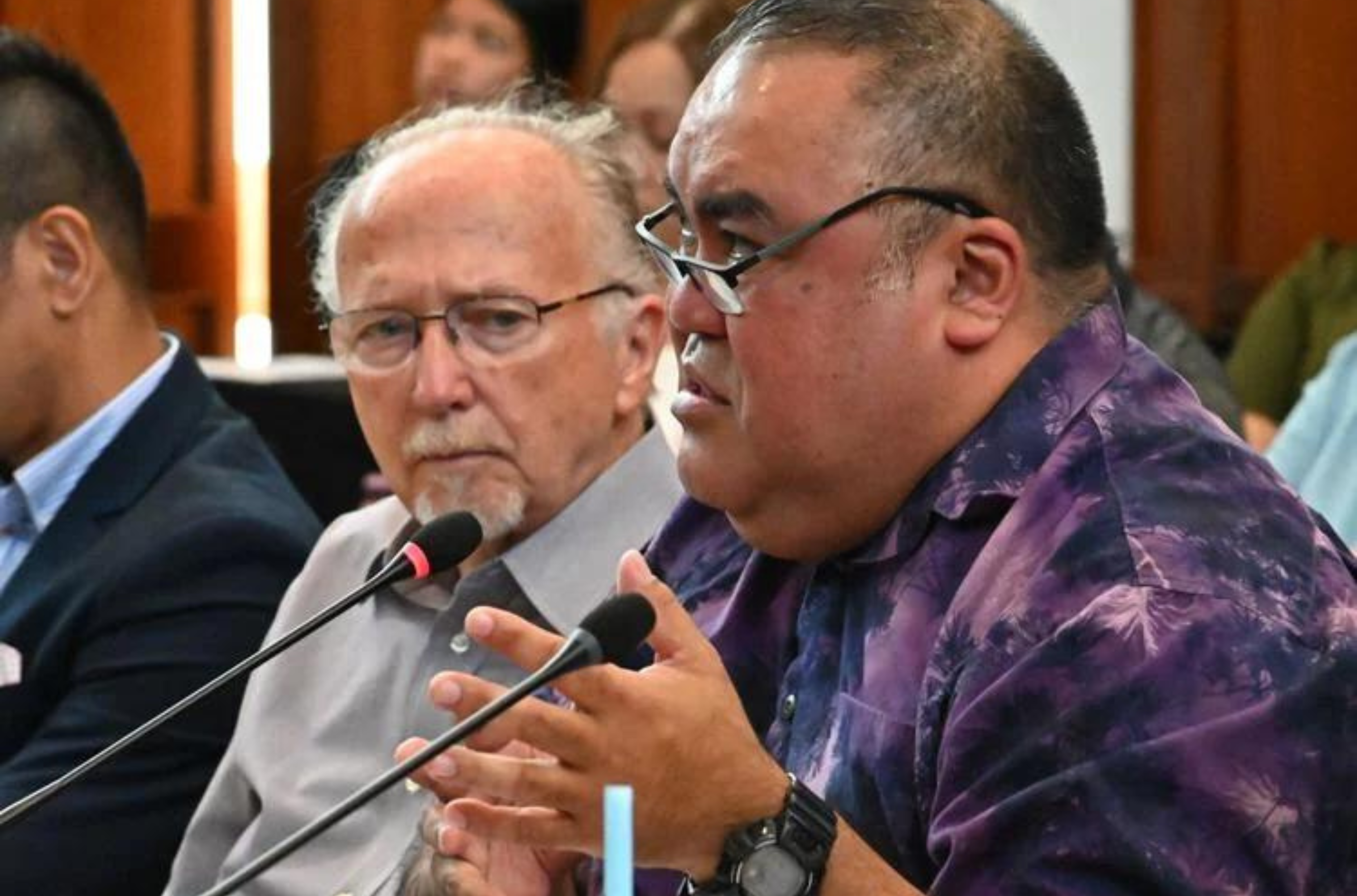 Guam Department of Education Deputy Superintendent Joseph Sanchez, right, testifies during an oversight hearing July 18, 2023, at the Guam Congress Building in Hagåtña. Seated to his left is Superintendent Kenneth Swanson. GDOE announced Wednesday that it has pushed back the first day of public school classes to Aug. 29. 