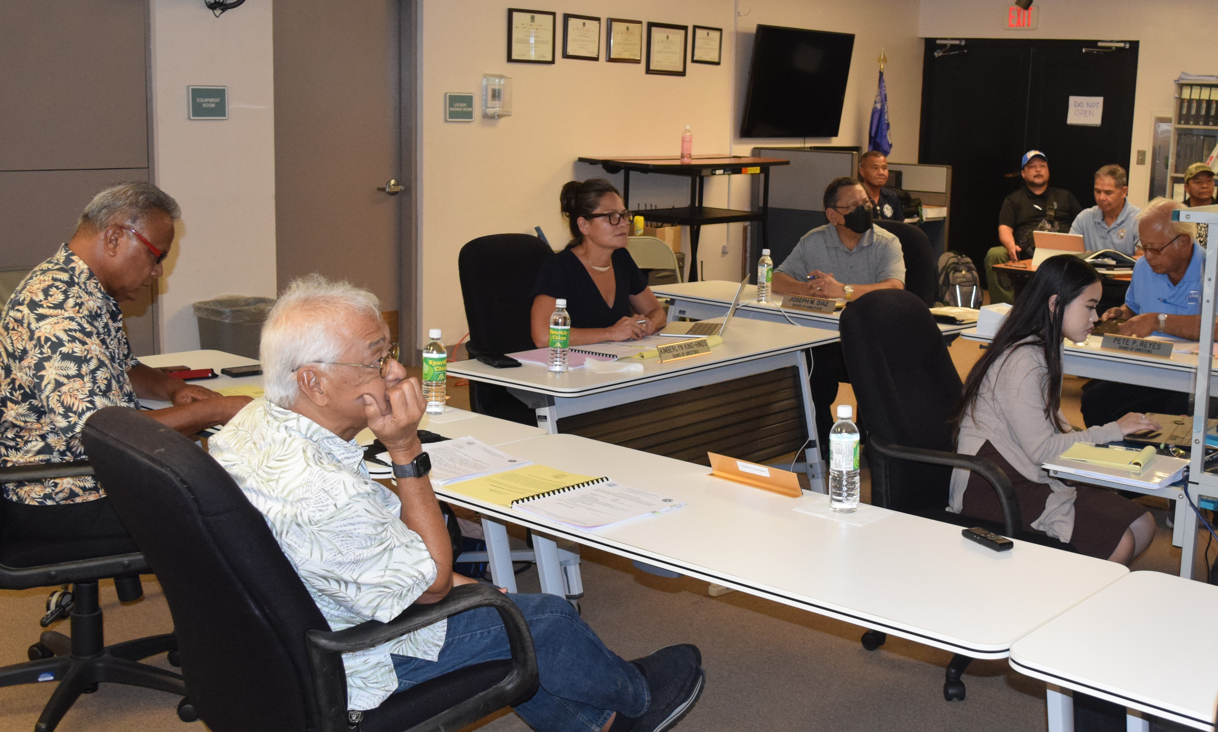 Commonwealth Ports Authority board members Ramon A. Tebuteb, Thomas "Kiyu" Villagomez, Chairwoman Kimberlyn King-Hinds, board member Joseph Diaz, a CPA technical staff member, and board  member Pete P. Reyes during a special meeting in the Aircraft Rescue & Fire Fighting classroom on Thursday.