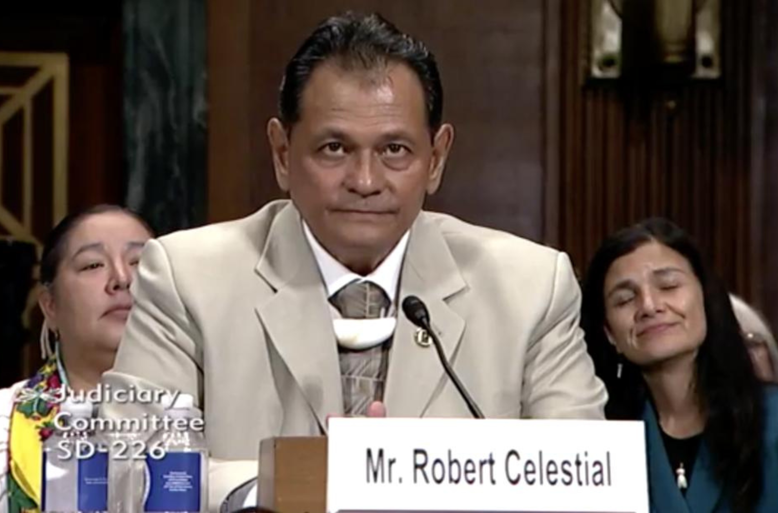 Robert Celestial, president of the Pacific Association for Radiation Survivors, testifies during a U.S. Senate Judiciary Committee hearing in 2018 in Washington, D.C. Also pictured is then-Vice Speaker Therese Terlaje, background right. 