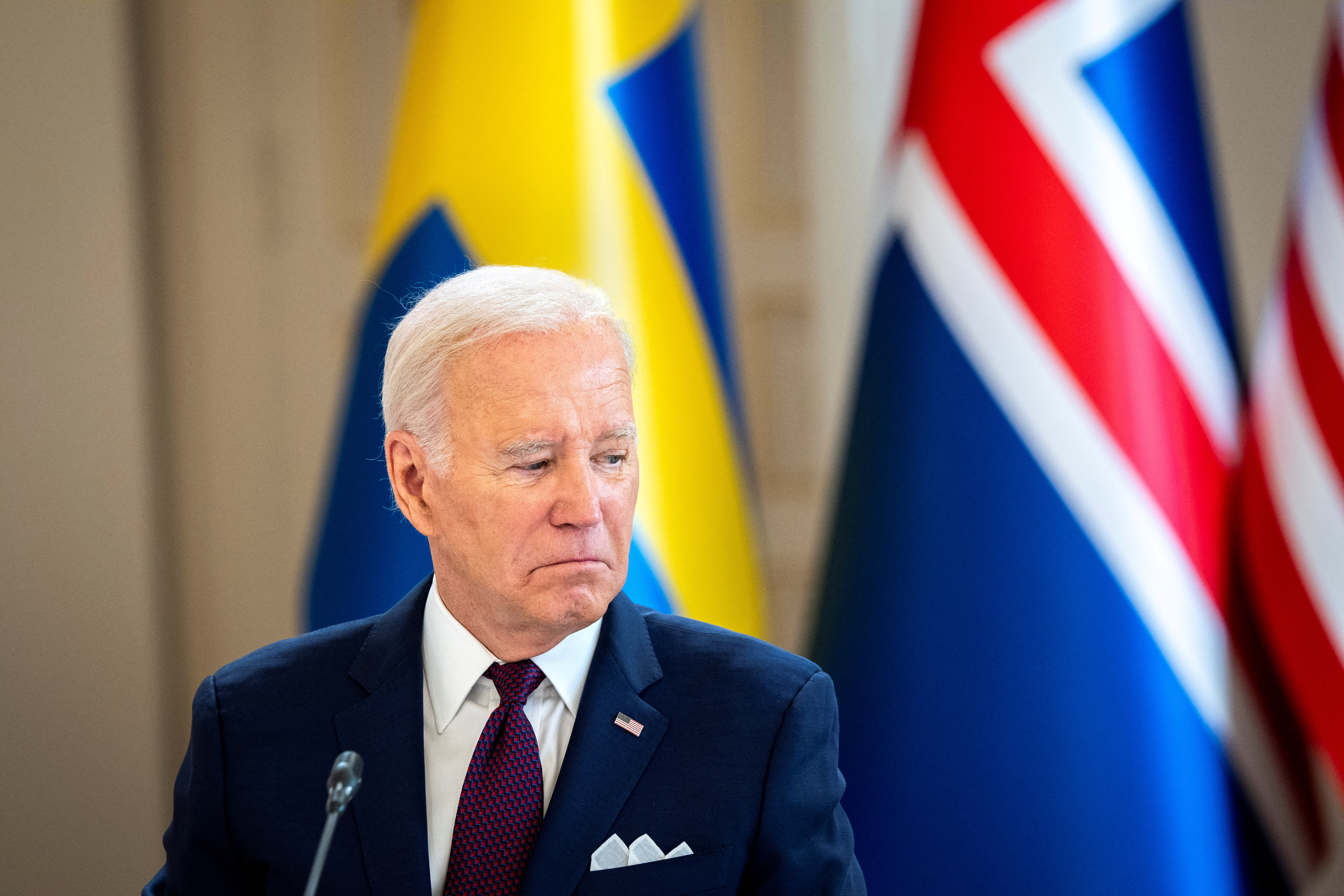 US President Joe Biden listens during a meeting with Nordic leaders (not pictured) at the Presidential Palace in Helsinki, Finland, July 13, 2023. Ritzau Scanpix/Ida Marie Odgaard/via REUTERS