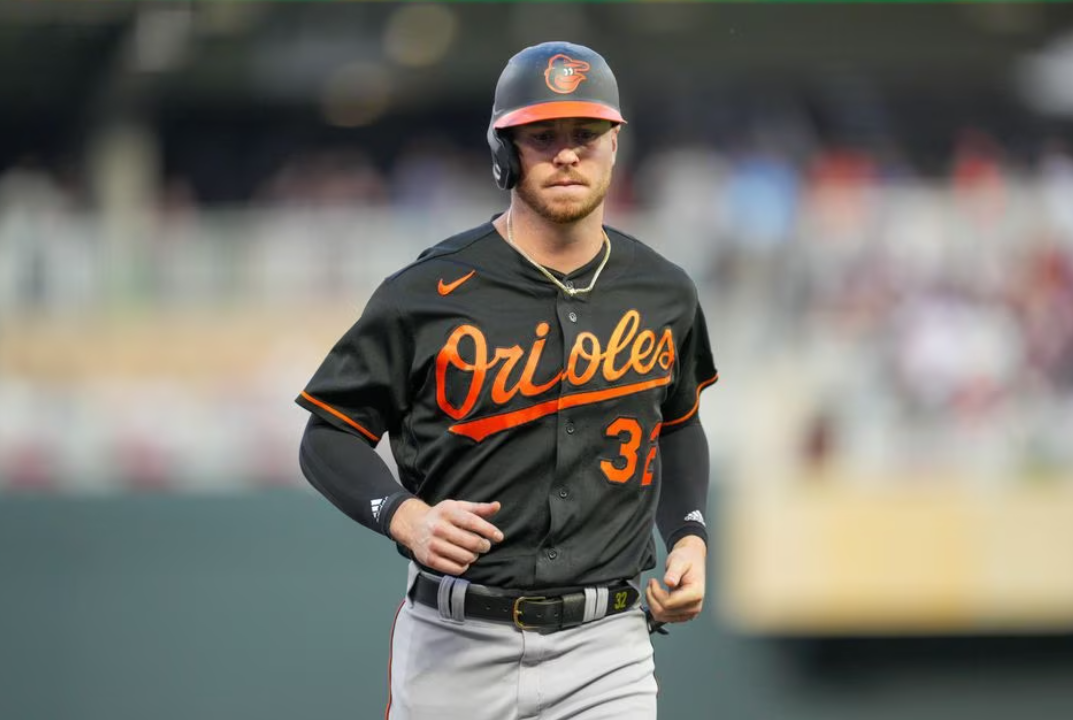 Baltimore Orioles first baseman Ryan O'Hearn (32) walks to the dugout in the sixth inning against the Minnesota Twins at Target Field in Minneapolis, Minnesota, July 7, 2023.