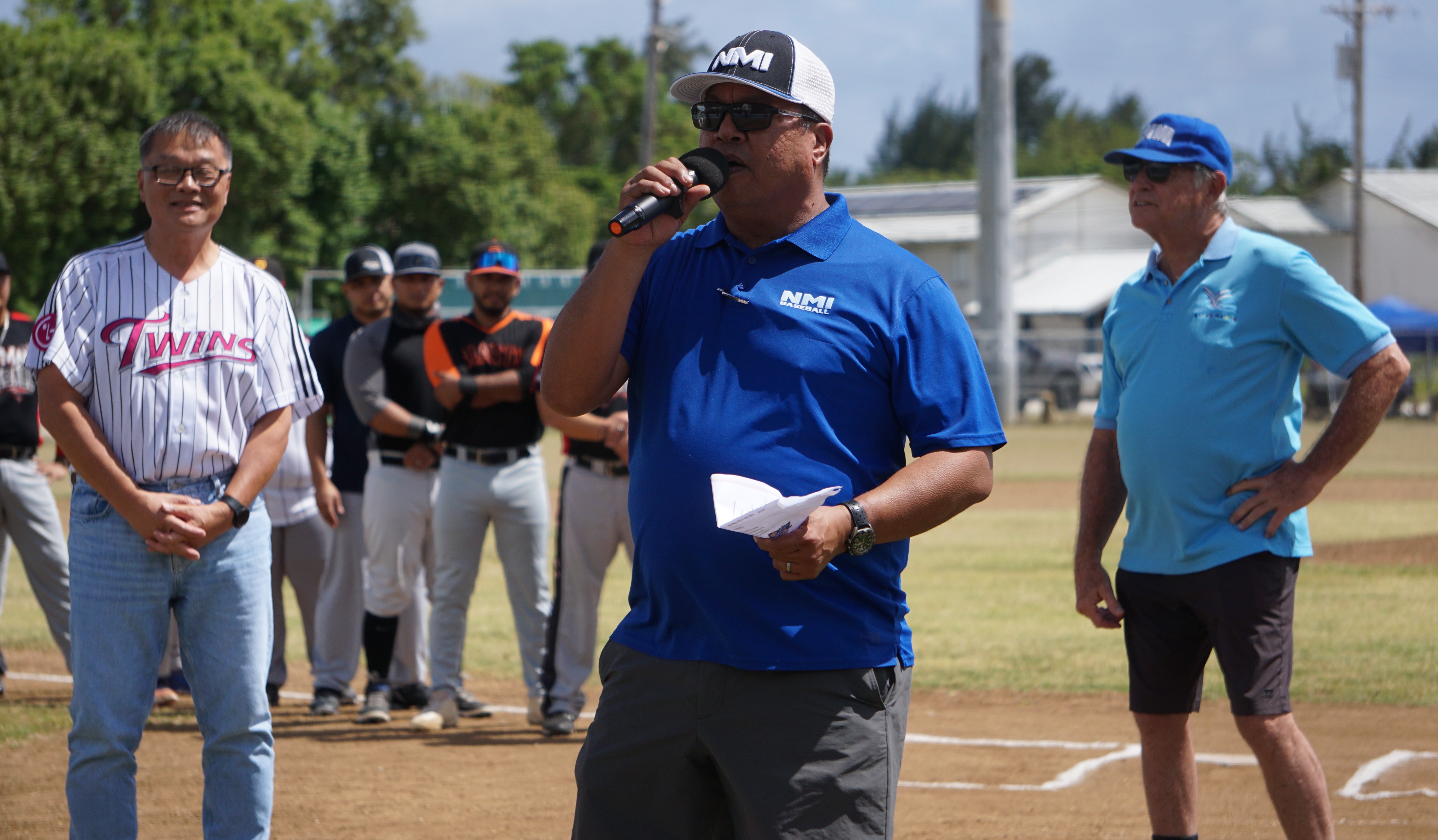 Saipan Baseball League President Jay Santos delivers his remarks during the opening ceremony of the 2023 Tan Holdings Saipan Baseball League at the "Tan Ko" Palacios Baseball Field on Saturday, March 25, 2023.