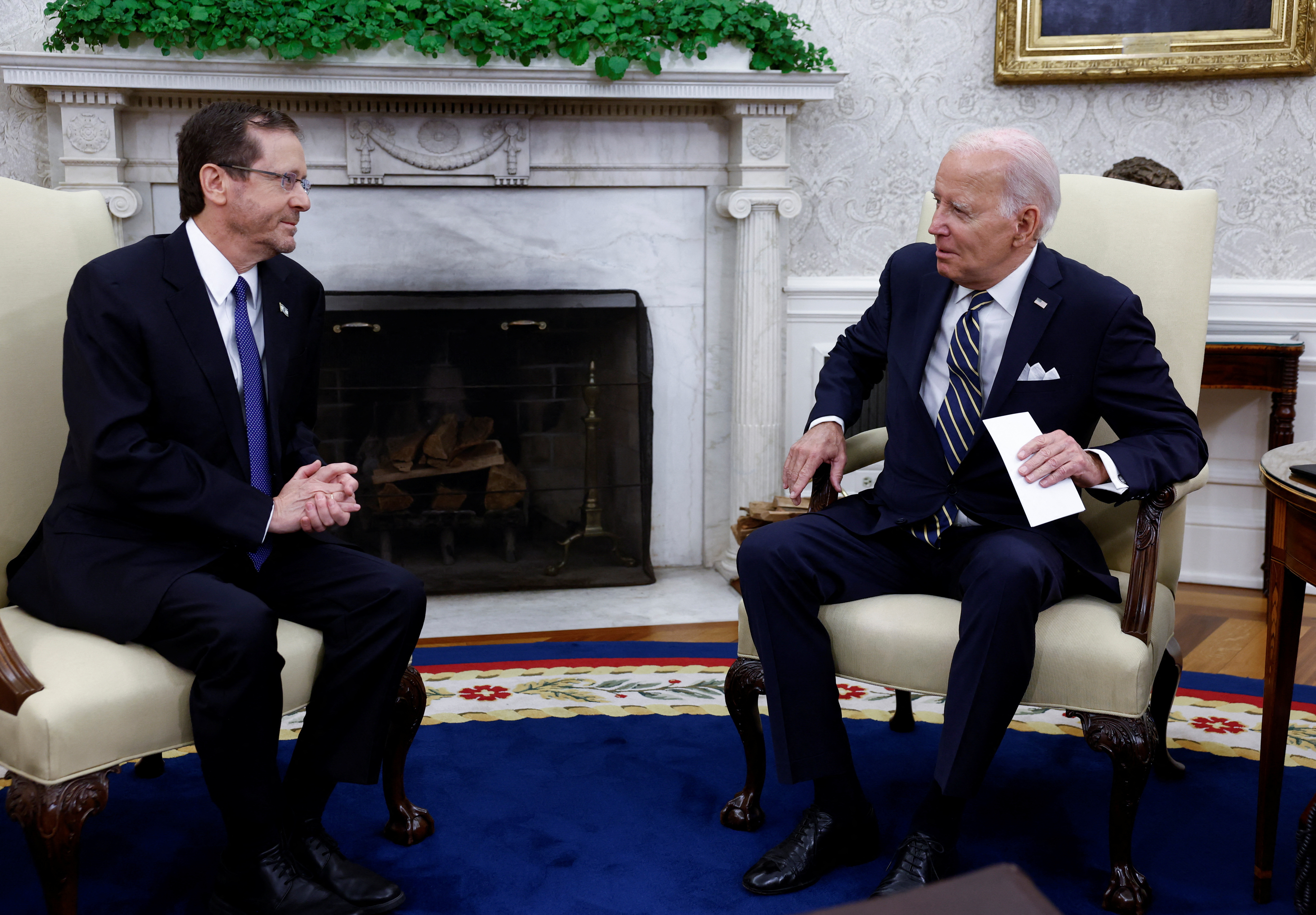Israeli President Isaac Herzog meets with U.S. President Joe Biden in the Oval Office at the White House in Washington, U.S., July 18, 2023. REUTERS/Evelyn Hockstein