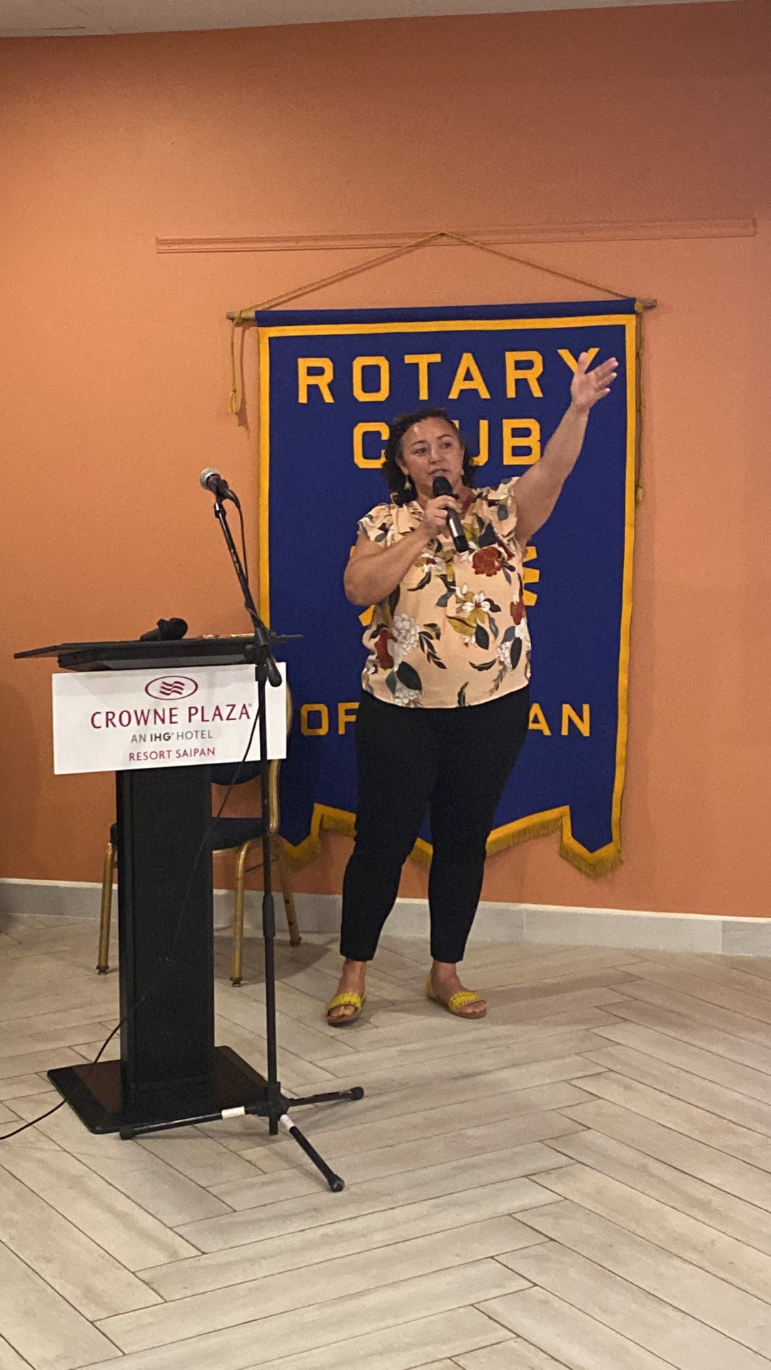 CNMI Labor Secretary Leila Staffler gestures as she speaks during a meeting of the Rotary Club of Saipan at Crowne Plaza on Tuesday, July 11, 2023.