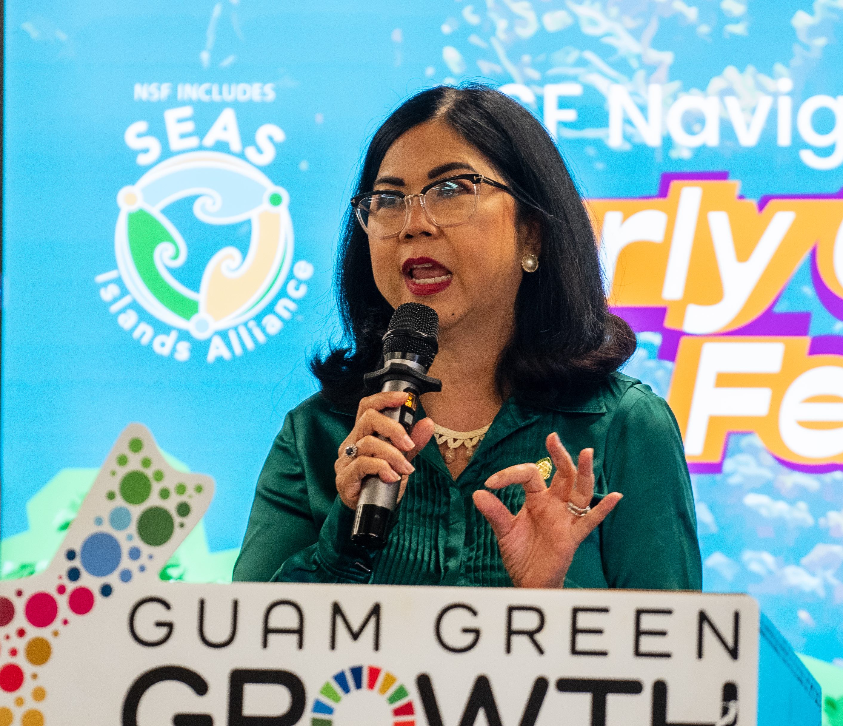 Incoming UOG President Anita Borja Enriquez, speaks at the unveiling of the 2023 National Science Foundation Navigating Home Early Career Fellowship Program on Wednesday, July 19, at the RFK Library. Enriquez says the program can help encourage local talent to stay or return to their island home.