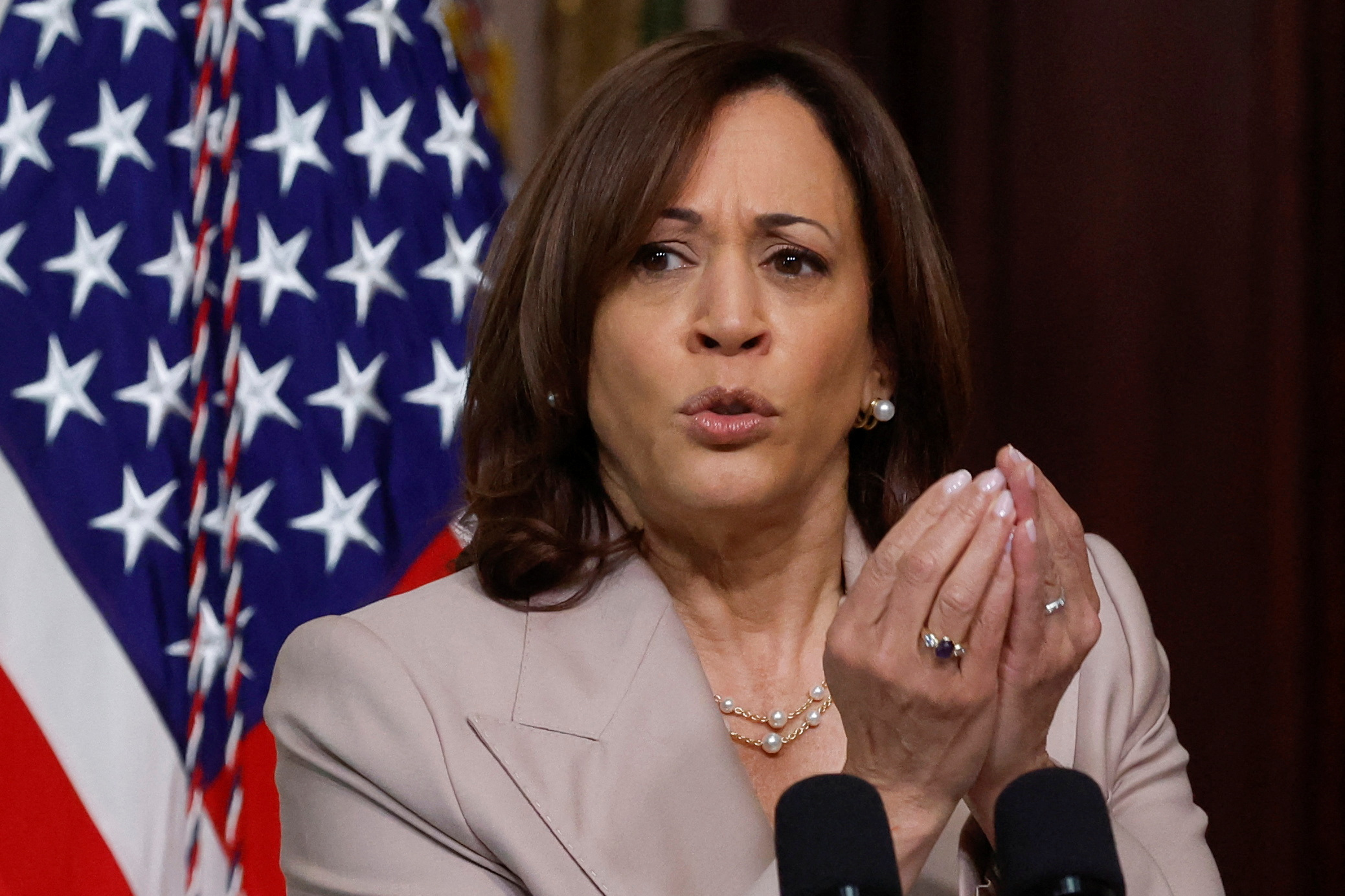 U.S. ‪Vice President Kamala Harris‬ delivers remarks before swearing in commissioners for the White House Initiative on Advancing Educational Equity, Excellence and Economic Opportunity for Hispanics at the Eisenhower Executive Office Building on the White House campus in Washington, U.S. May 10, 2023. REUTERS/Jonathan Ernst/File Photo