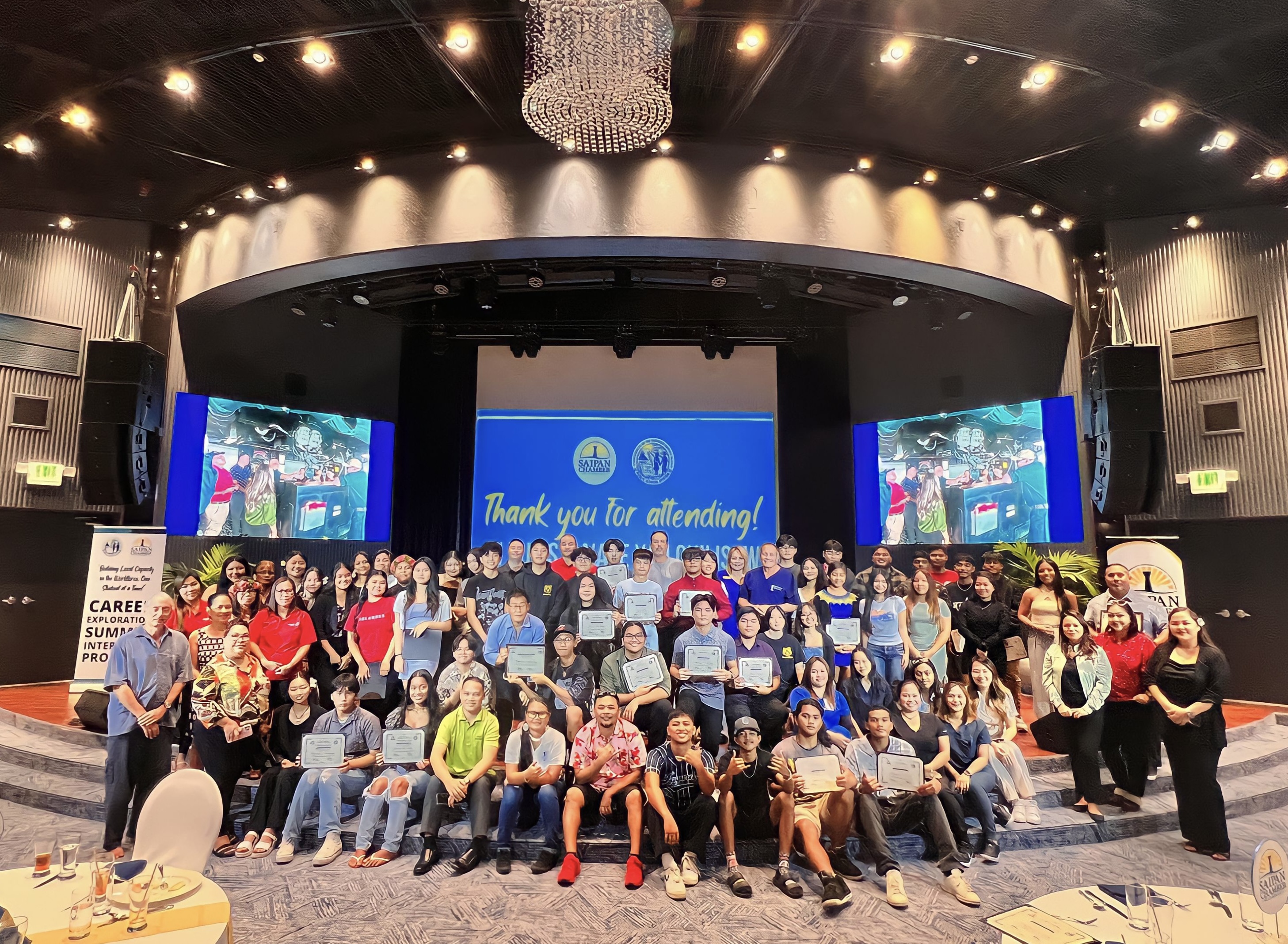 Sixty public school students from Saipan, Tinian and Rota, and the representatives of 12 local businesses and government entities participating in the 2023 Career Exploration Internship Program of the Saipan Chamber of Commerce and the Public School System pose for a photo at Kensington Hotel on Wednesday. Also in photo are chamber and education officials.