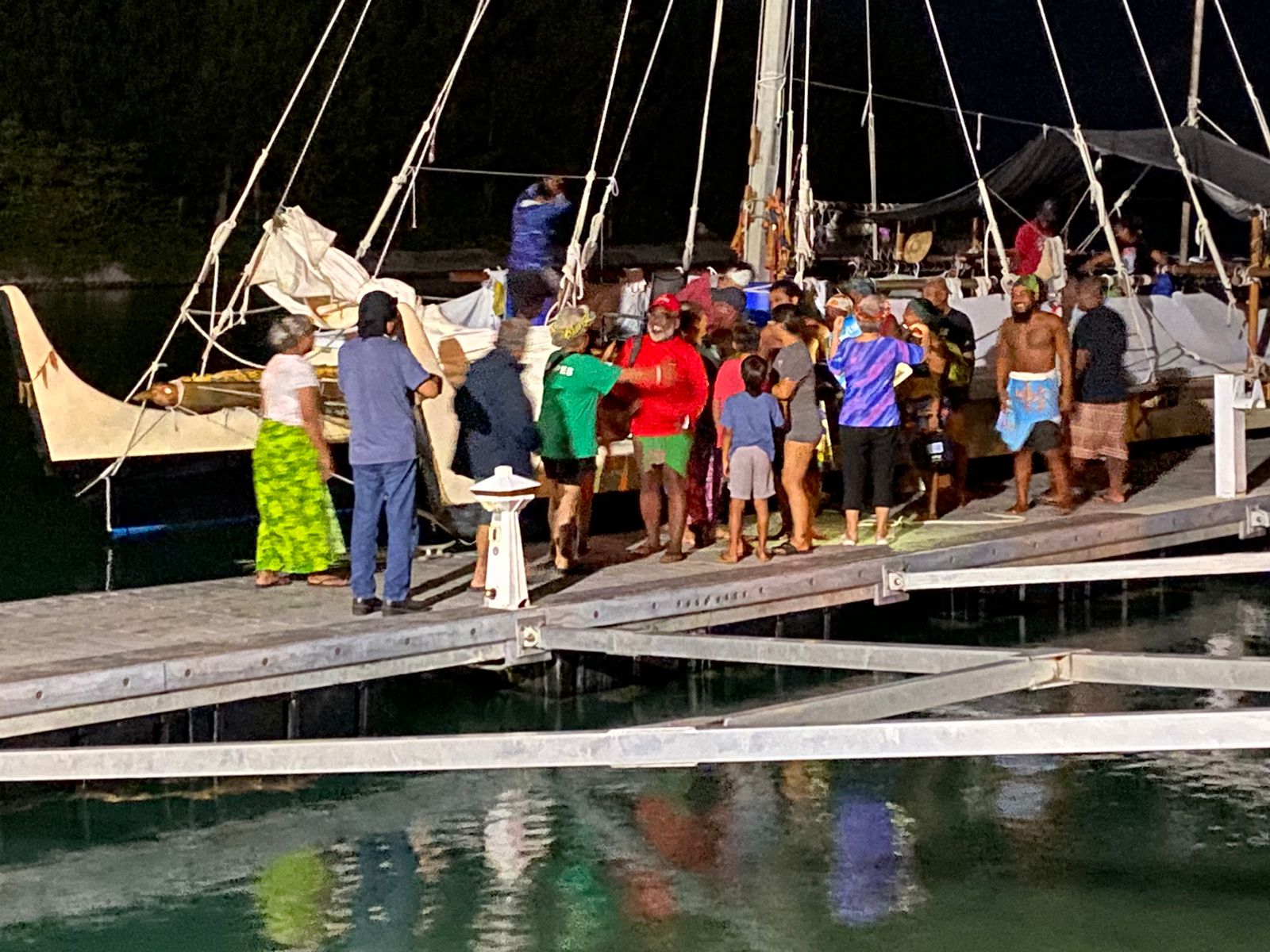 The Alingano Maisu crew and navigators arrive Sunday evening at the Smiling Cove Marina in Garapan after a voyage which began in April.