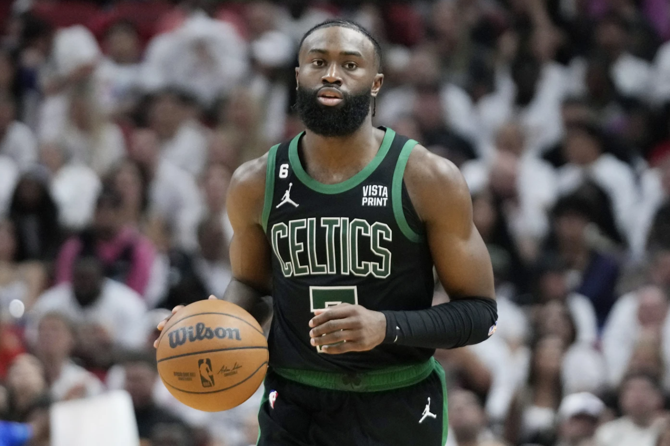 Boston Celtics guard Jaylen Brown (7) dribbles the ball during Game 3 of the NBA basketball playoffs, Eastern Conference finals against the Miami Heat, May 21, 2023.