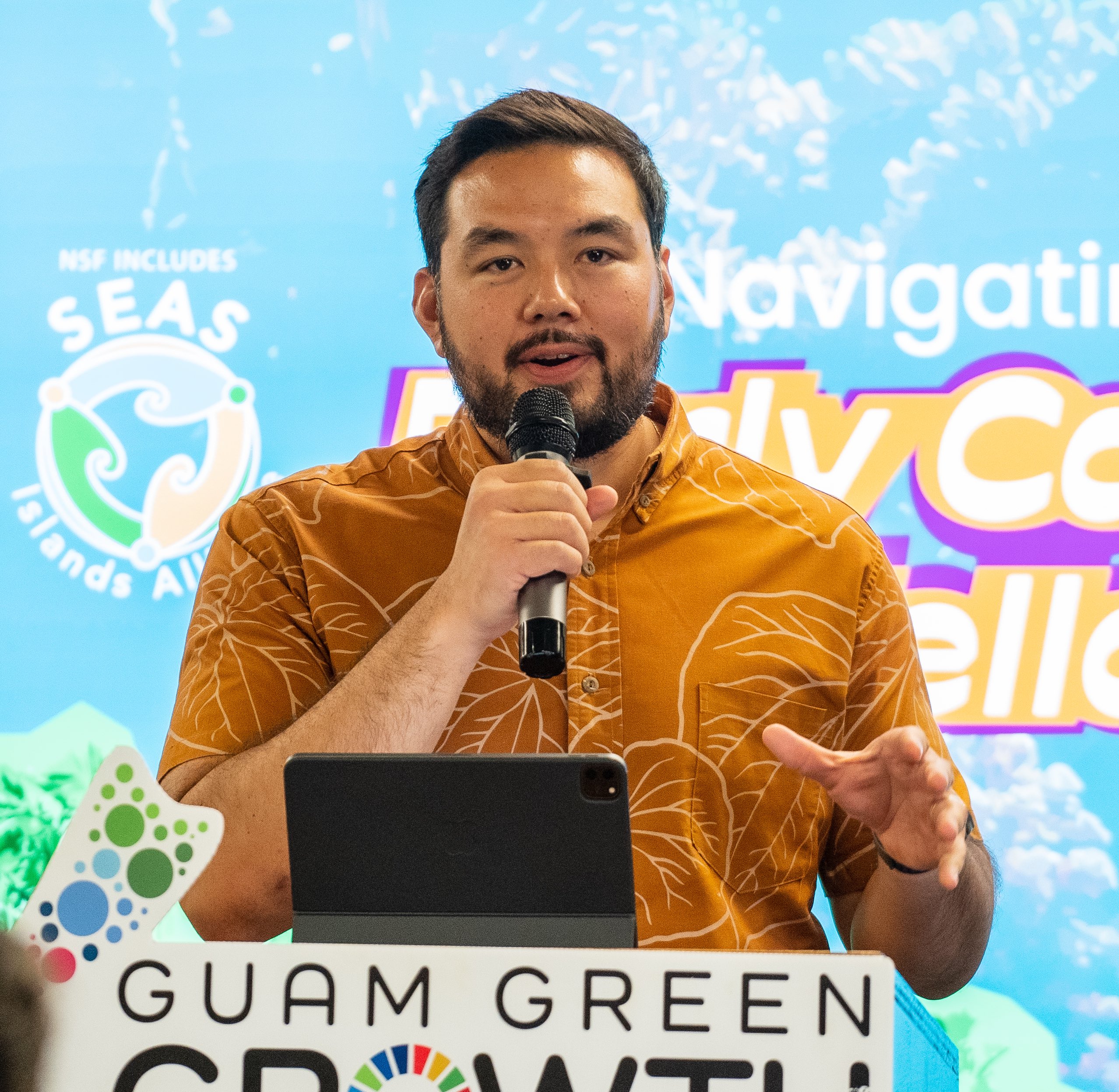 Austin Shelton, director of the UOG Center for Island Sustainability and Sea Grant, speaks at the unveiling of the 2023 National Science Foundation Navigating Home Early Career Fellowship Program on Wednesday, July 19, at the Robert F. Kennedy Library on campus.  