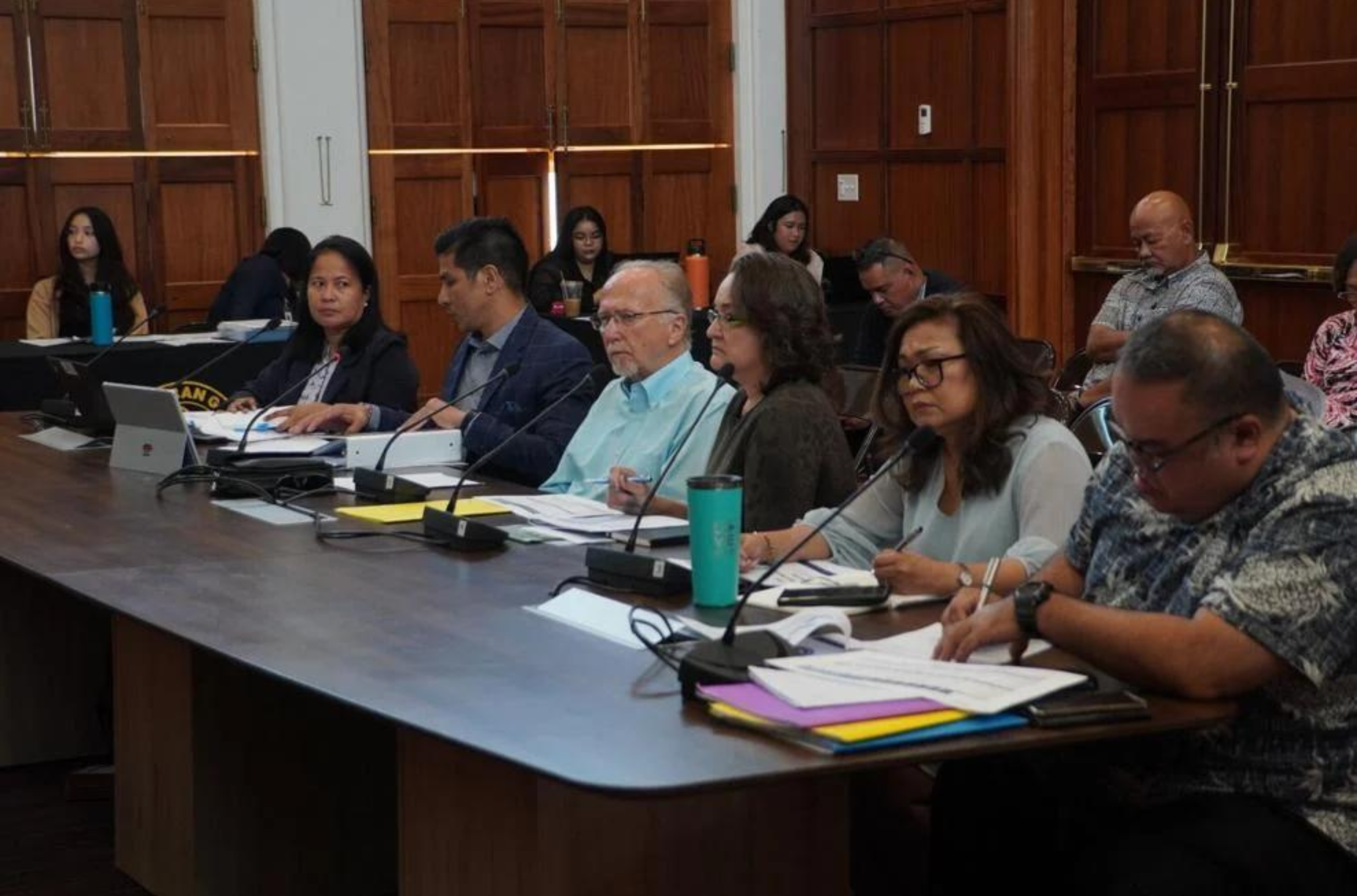 Officials with the Guam Department of Education and the Guam Education Board appear before senators for the department's fiscal year 2024 budget hearing Monday, July 17, 2023, at the Guam Congress Building in Hagåtña.
