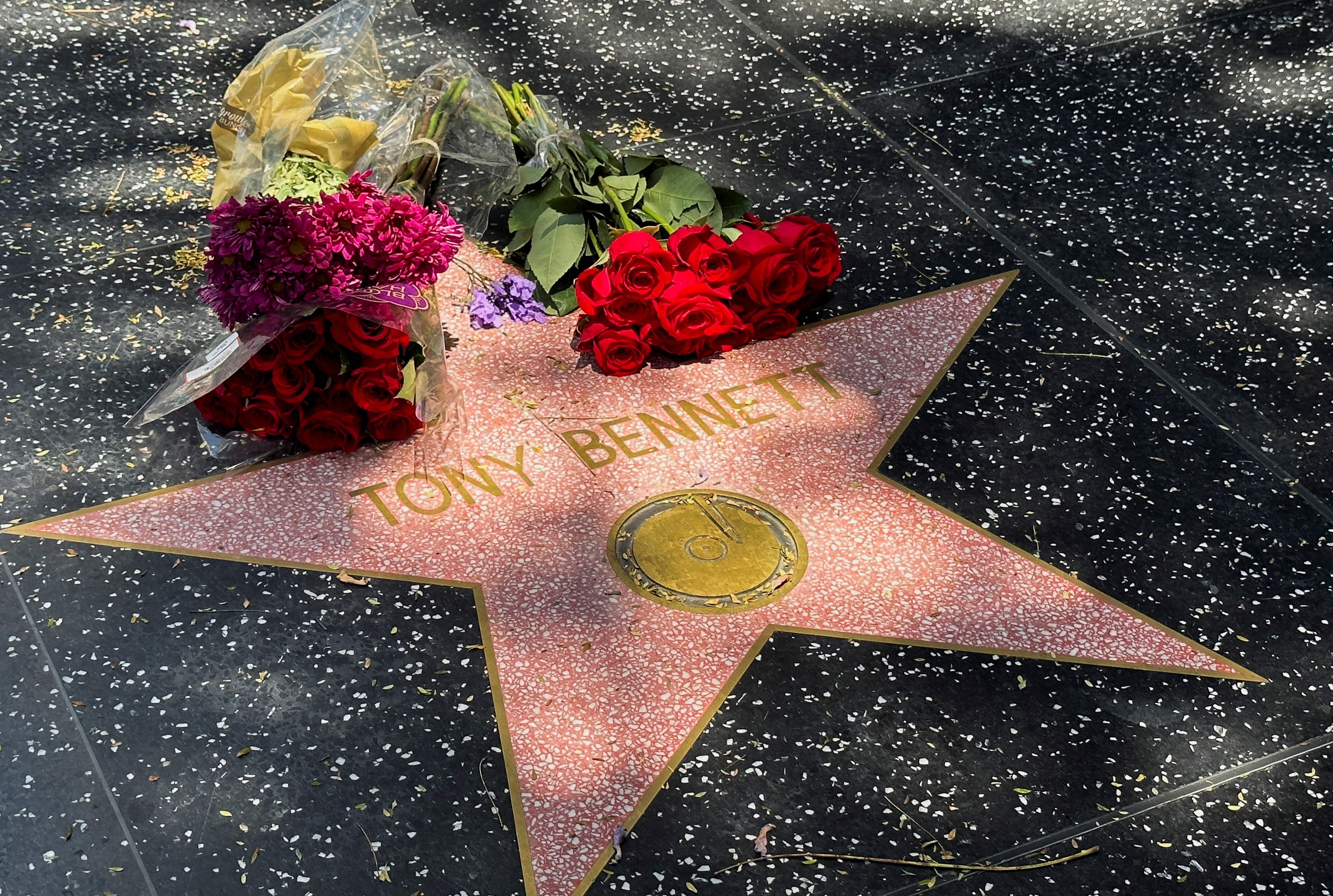 Flowers are laid on Tony Bennett's Hollywood Walk of Fame star, in Los Angeles, California, U.S., July 21, 2023. REUTERS/Jorge Garcia