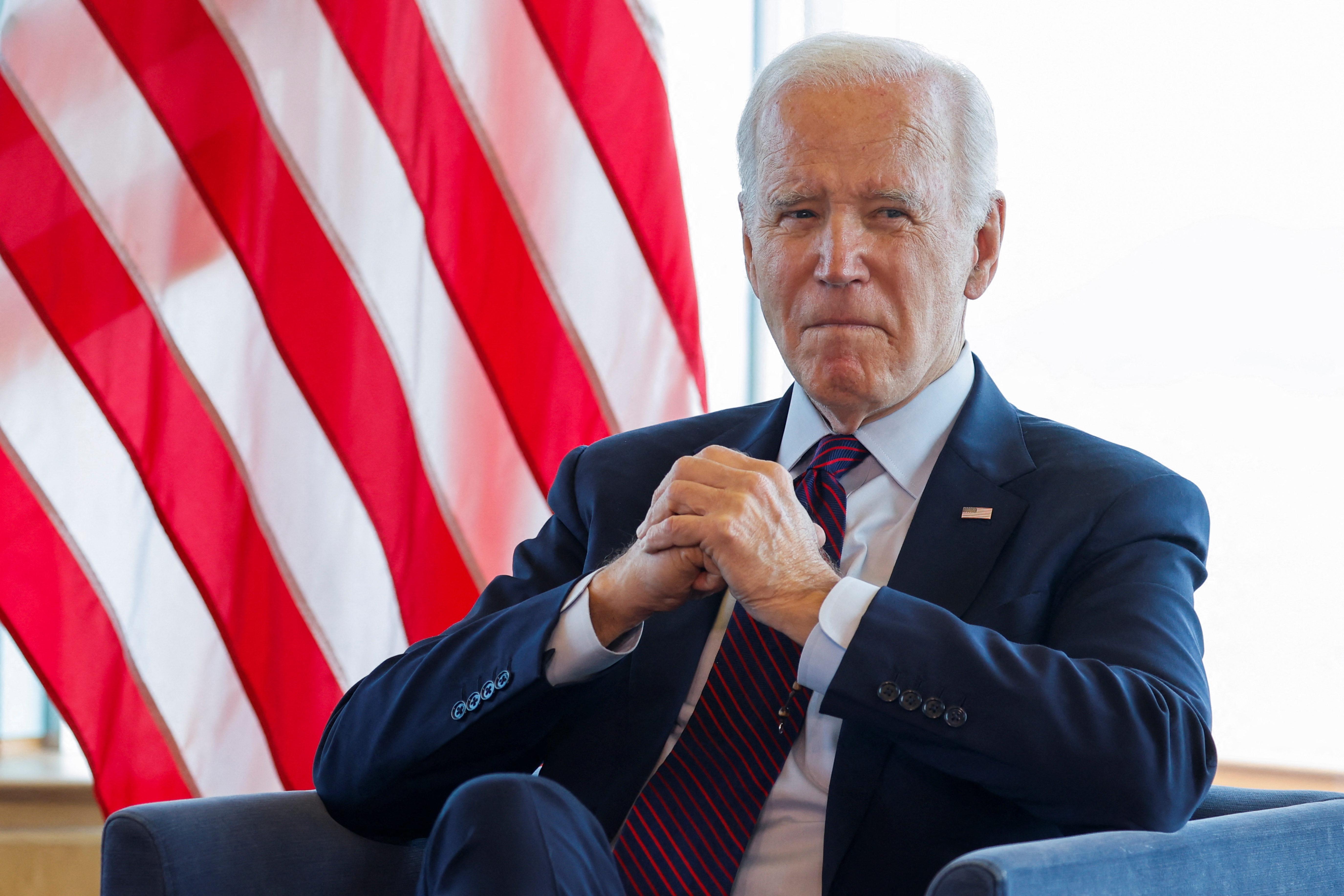 U.S. President Joe Biden looks on during his meeting with Ukrainian President Volodymyr Zelenskiy (not pictured), during the G7 Summit at the Grand Prince Hotel in Hiroshima, Japan, May 21, 2023. REUTERS/Jonathan Ernst