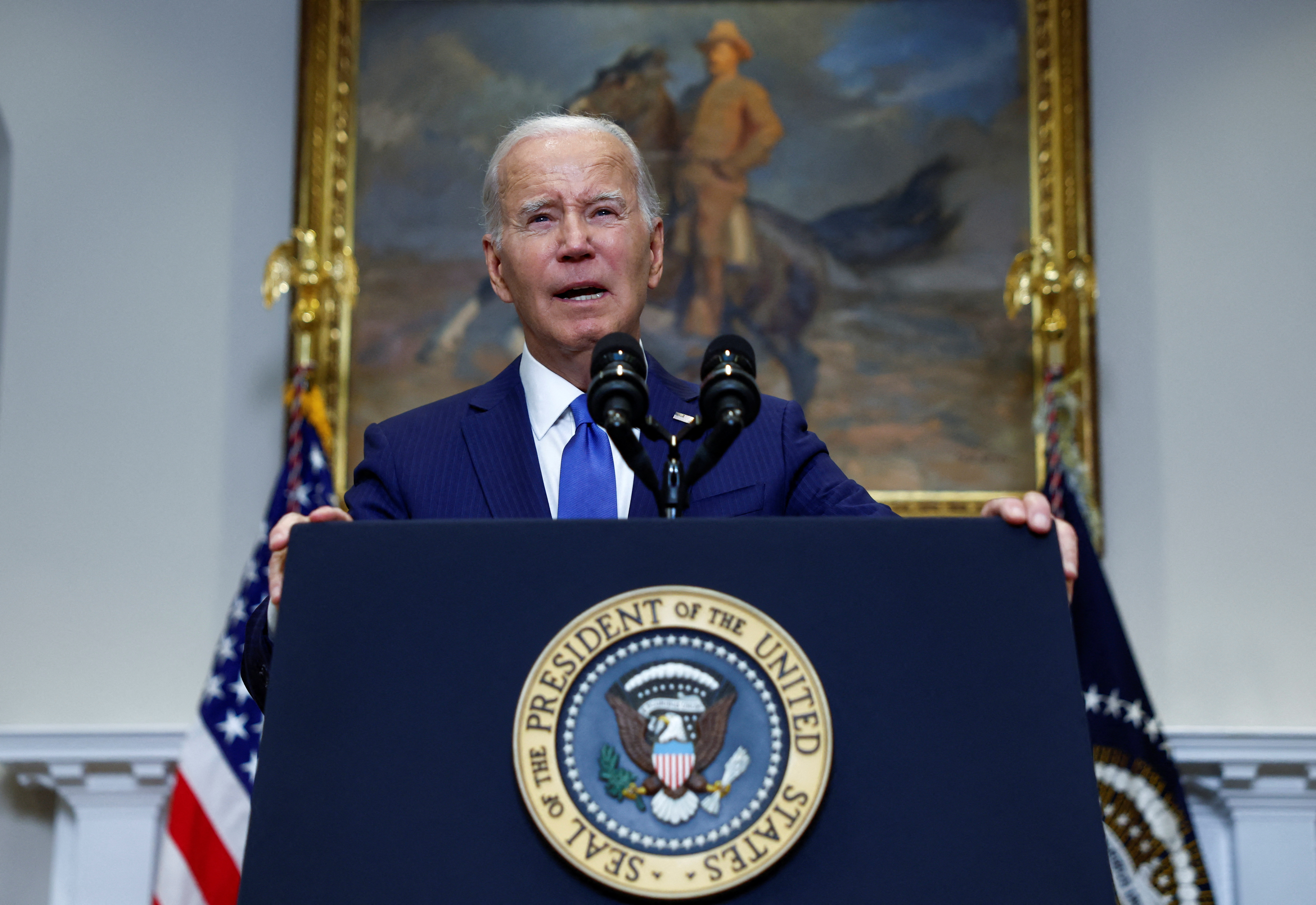 U.S. President Joe Biden delivers remarks on artificial intelligence in the Roosevelt Room at the White House in Washington, U.S., July 21, 2023. REUTERS/Evelyn Hockstein