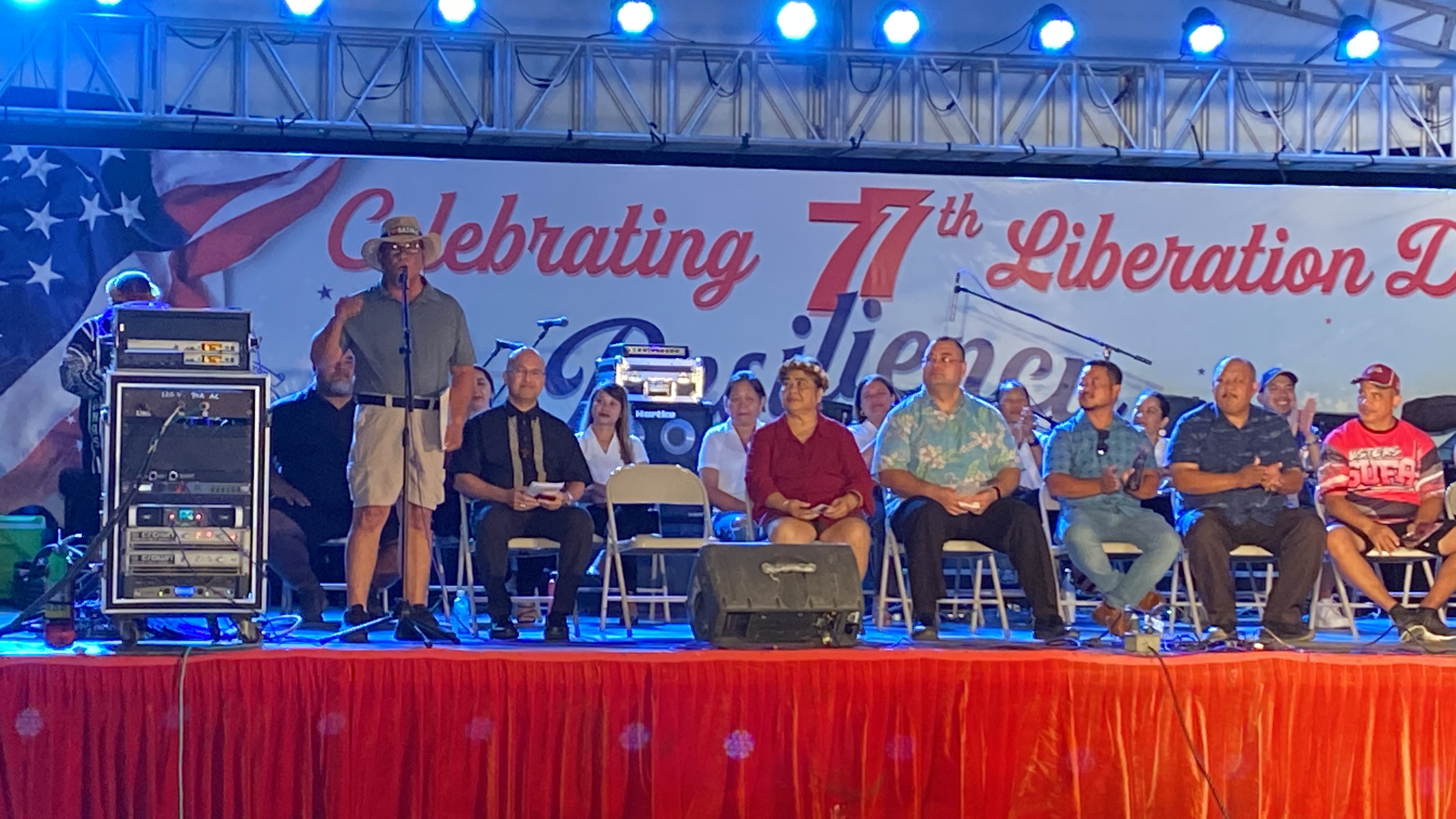 Mayor RB Camacho addresses the crowd at the closing ceremony of the 77th Liberation Day festivities.