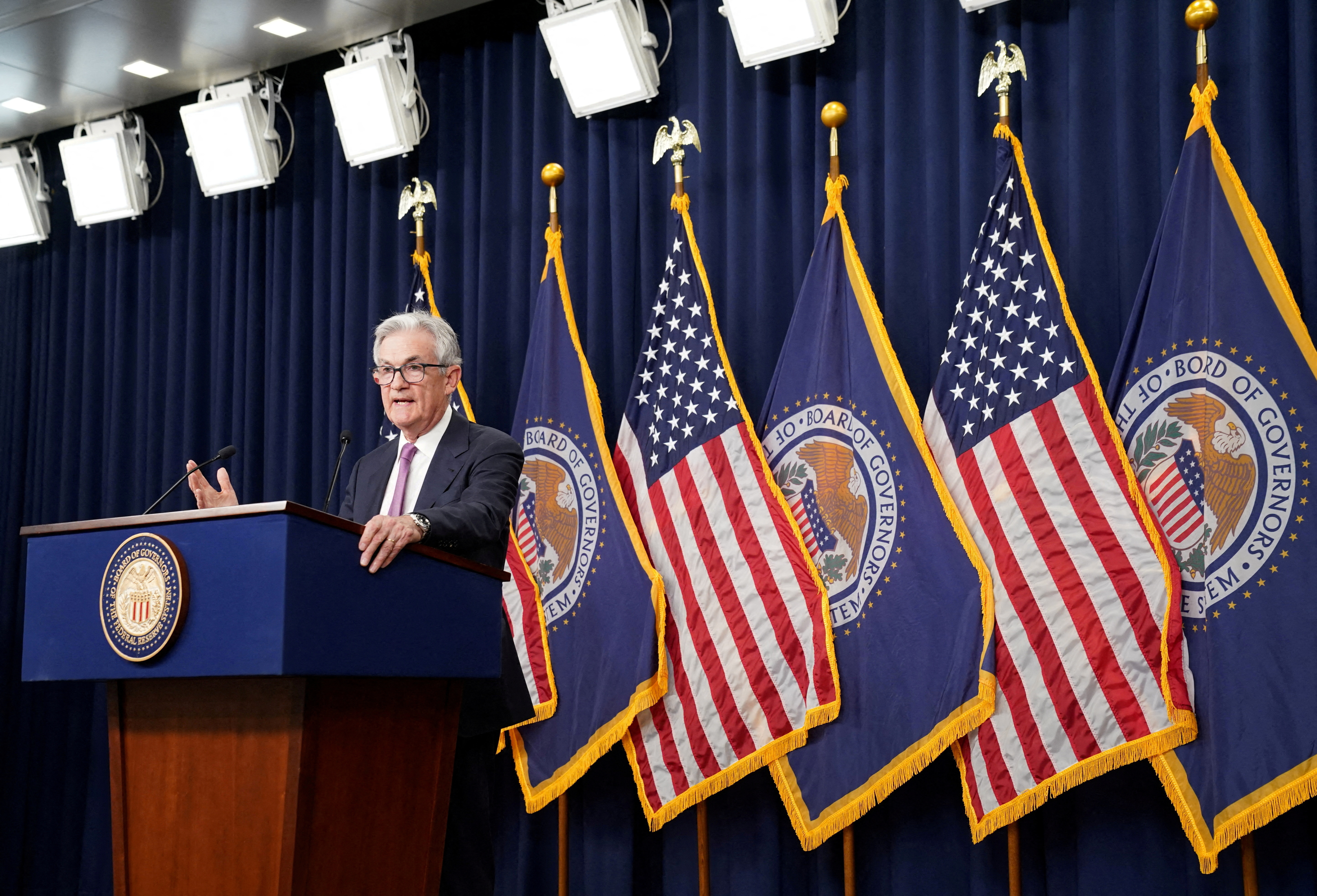 U.S. Federal Reserve Chairman Jerome Powell speaks during a news conference after the release of the Fed policy decision to keep interest rates unchanged, at the Federal Reserve in Washington, U.S, June 14, 2023. REUTERS/Kevin Lamarque/File Photo