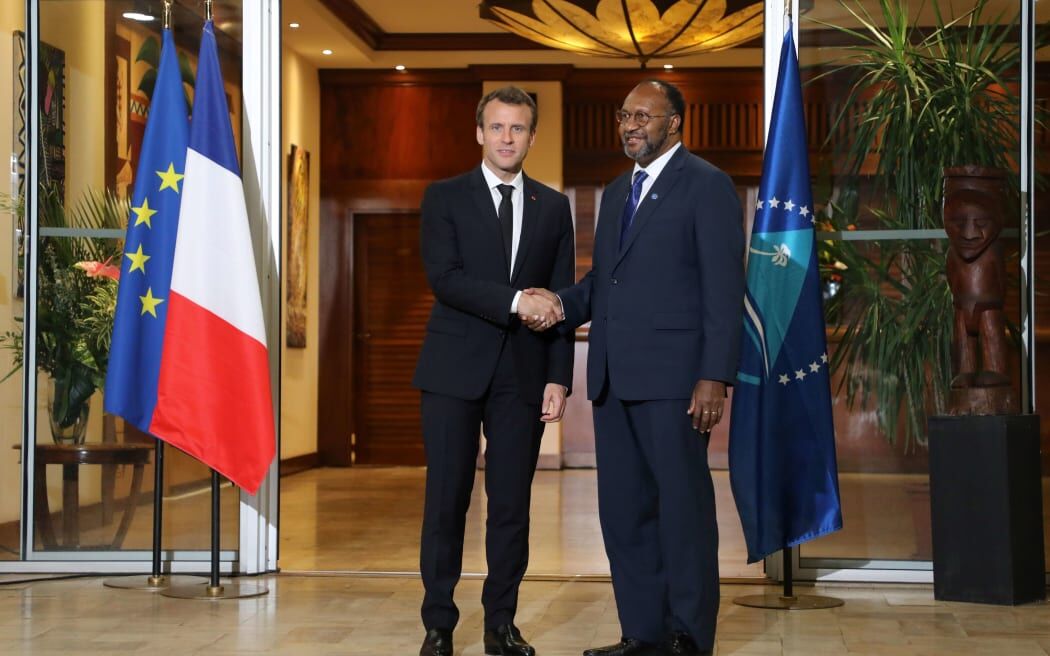 French president Emmanuel Macron welcomes Vanuatu Prime minister Charlot Salwai before a South Pacific conference at the French high commissioner to New Caledonia residence in Noumea on May 4, 2018. 