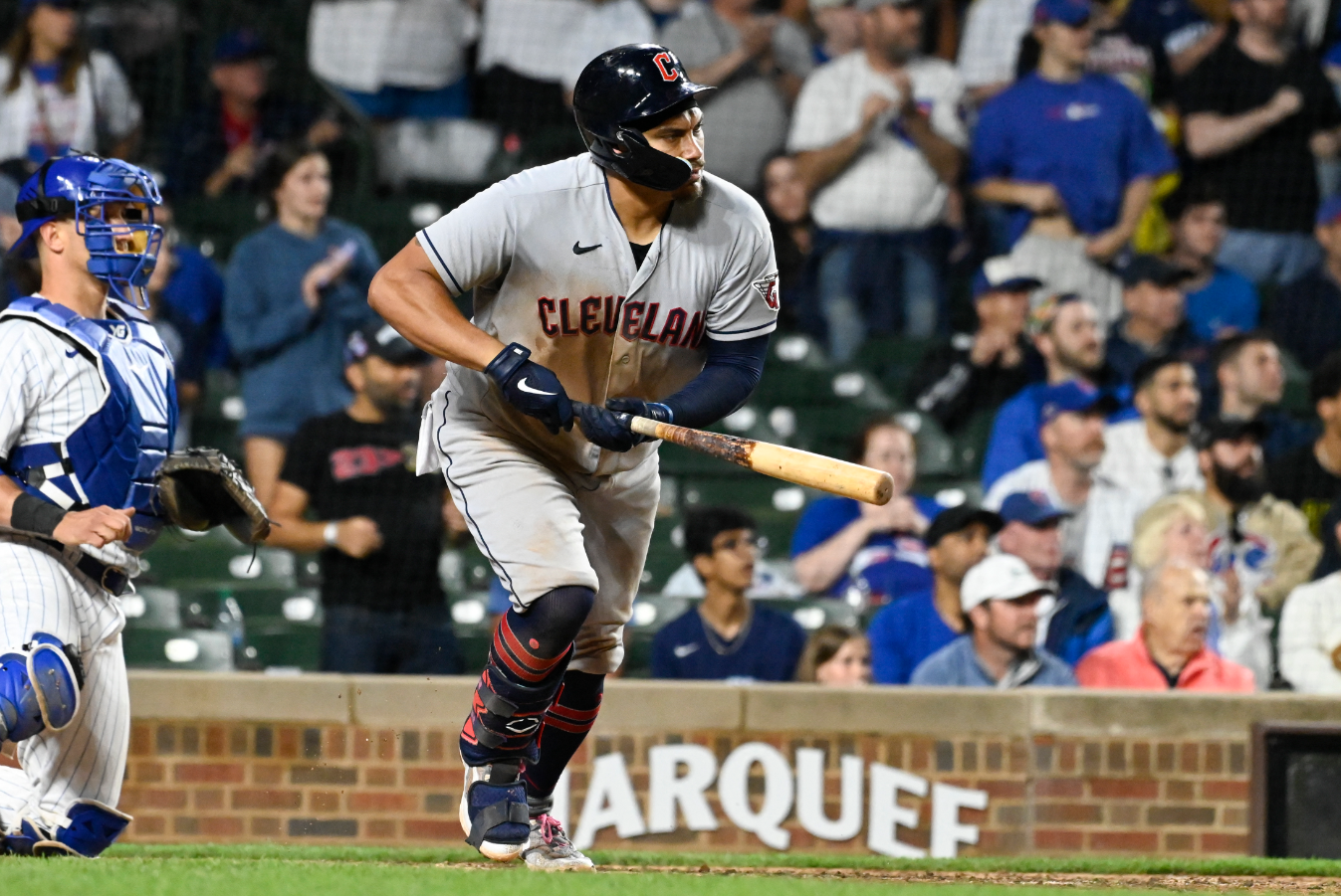 Cleveland Guardians first baseman Josh Naylor (22) hits a two RBI single against the Chicago Cubs during the ninth inning at Wrigley Field in Chicago, Illinois, July 3, 2023.