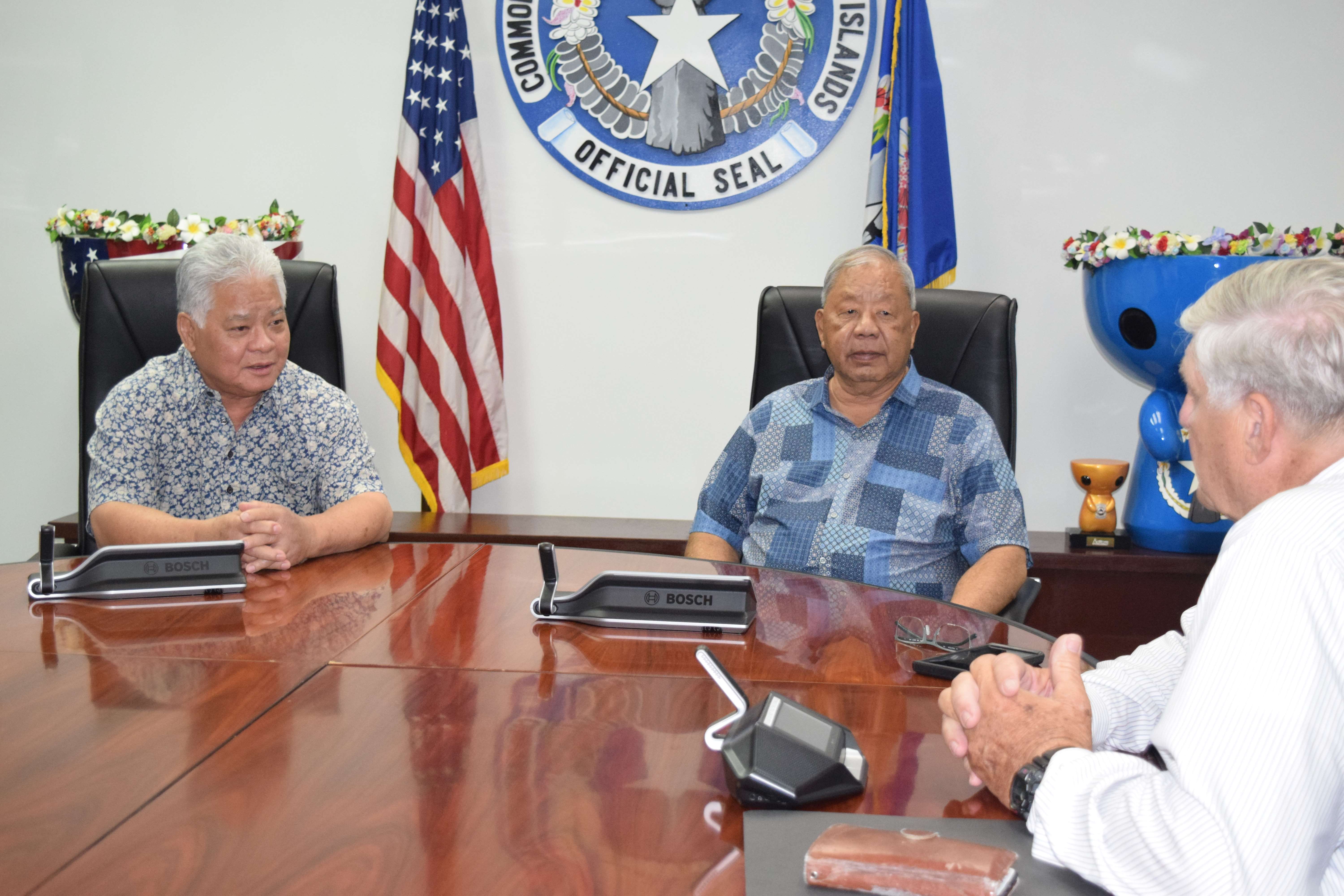 Gov. Arnold I. Palacios and Lt. Gov. David M. Apatang meet with the new Commonwealth Public Utilities Commission member, James Sirok, in the governor's conference room at 4 p.m. on Friday.