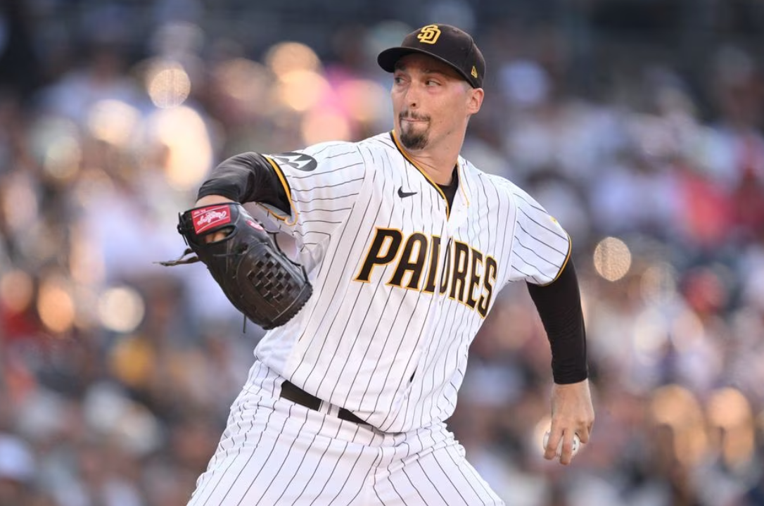 San Diego Padres starting pitcher Blake Snell (4) throws a pitch against the Los Angeles Angels during the first inning at Petco Park in San Diego, California, July 3, 2023.