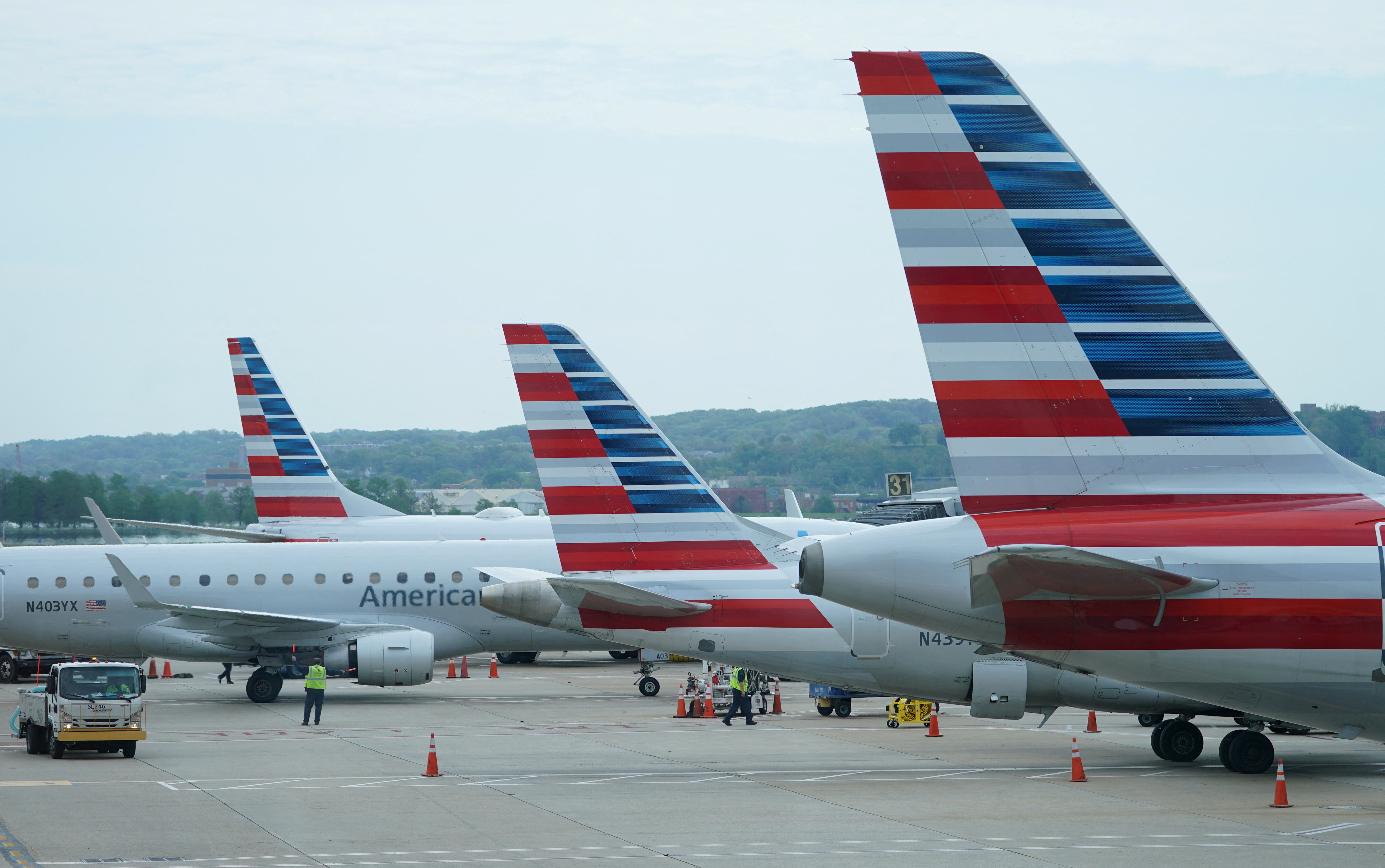 American airlines jets sit at gates at Washington's Reagan National airport in Washington, U.S. April 29, 2020. REUTERS/Kevin Lamarque/File Photo