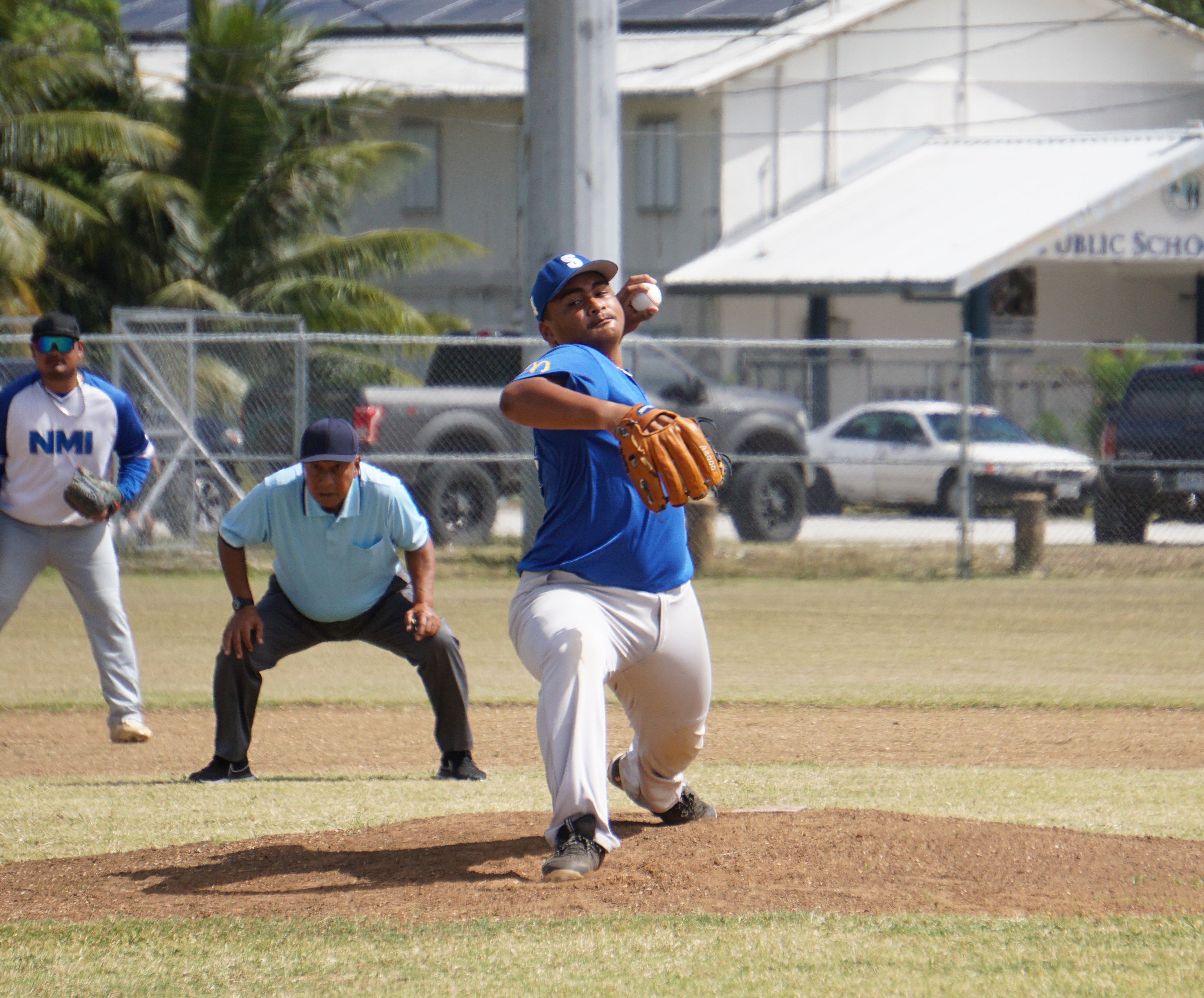 The Brewers' TJ Dela Cruz fires a pitch during a 2023 Tan Holdings Saipan Baseball League game at the Francisco "Tan Ko" Palacios Baseball Field.
