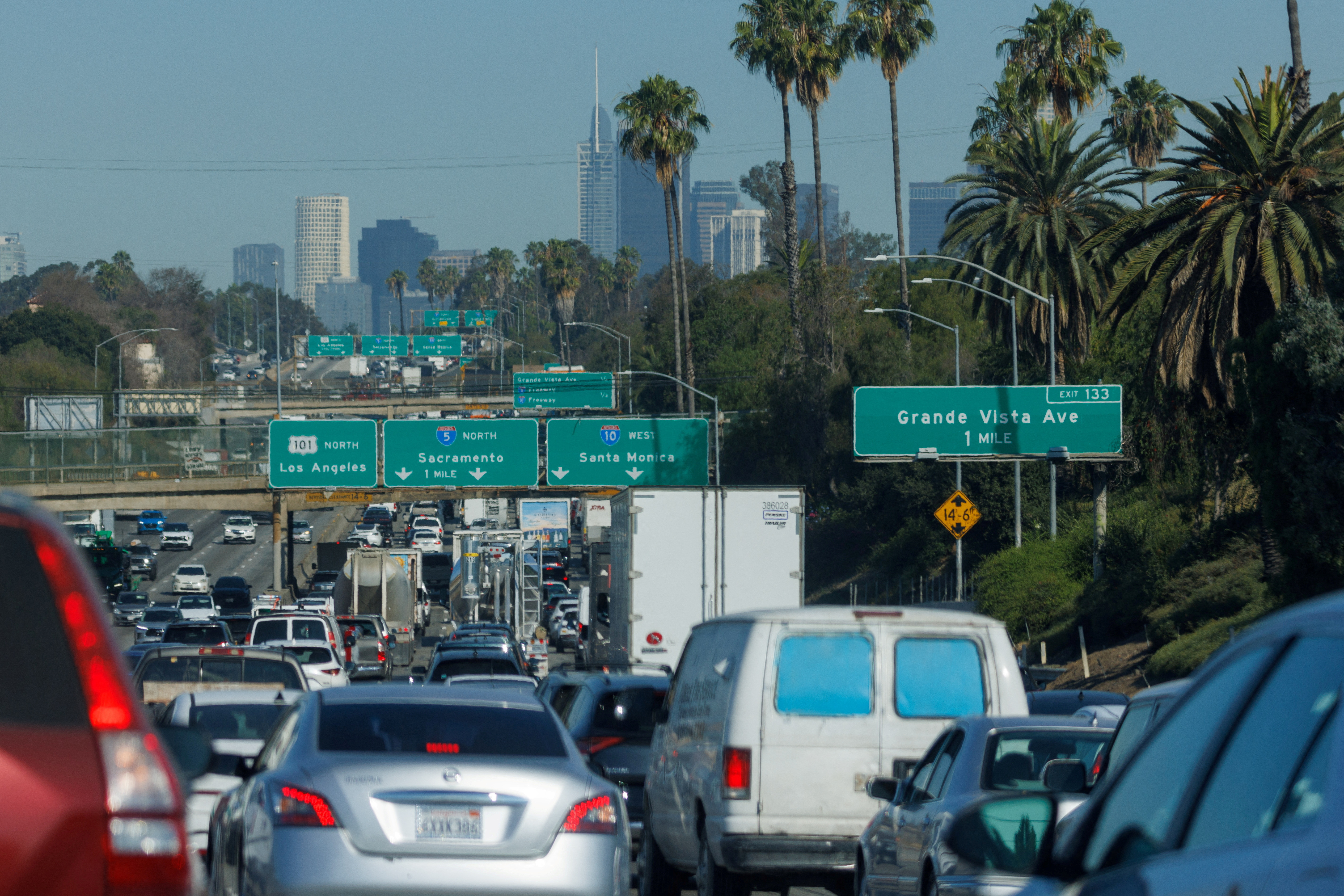 Cars ride in traffic along the I5 freeway is shown in Los Angeles, California, U.S., July 12, 2023. REUTERS/Mike Blake/File Photo