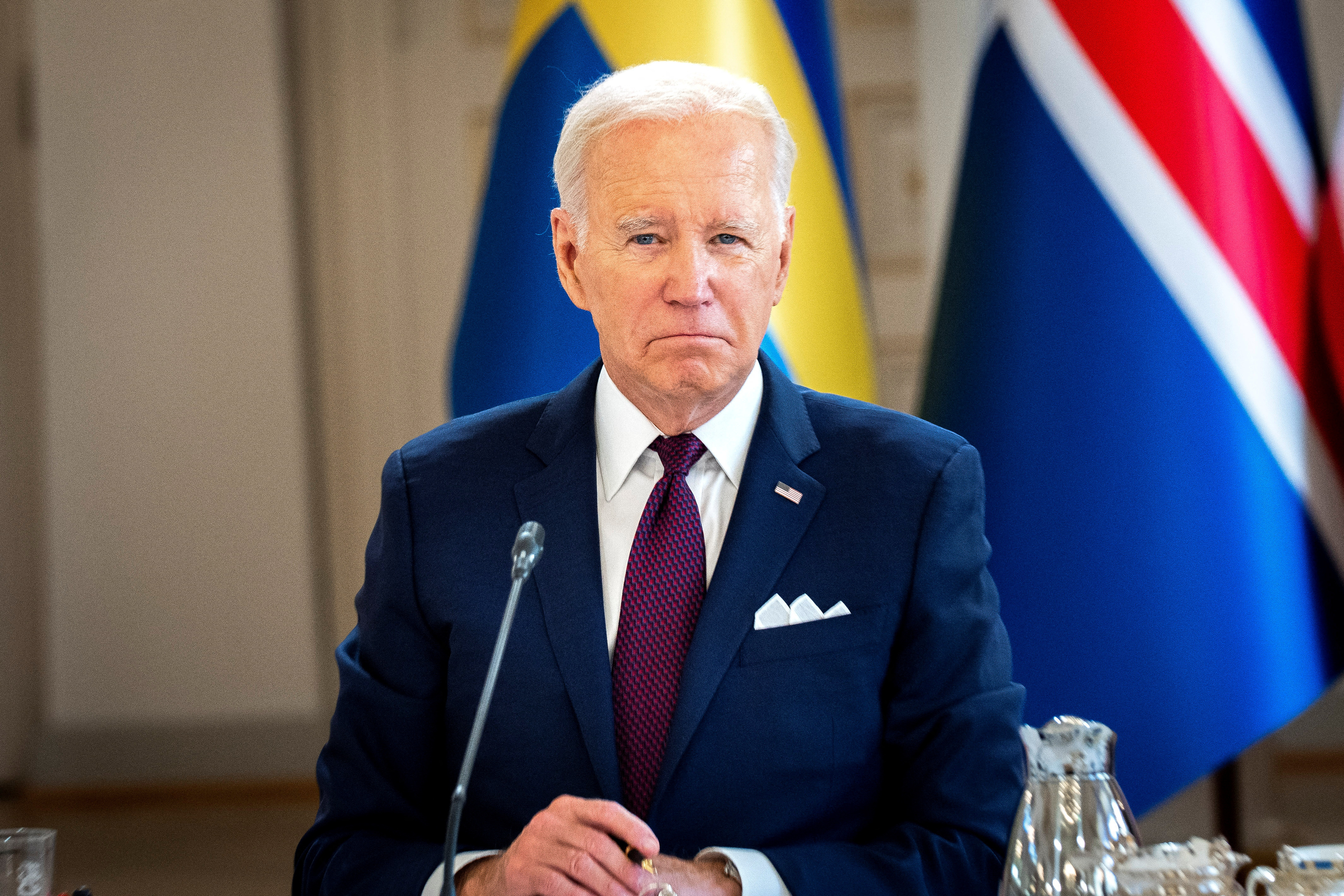 US President Joe Biden listens during a meeting with Nordic leaders (not pictured) at the Presidential Palace in Helsinki, Finland, July 13, 2023. Ritzau Scanpix/Ida Marie Odgaard/via REUTERS