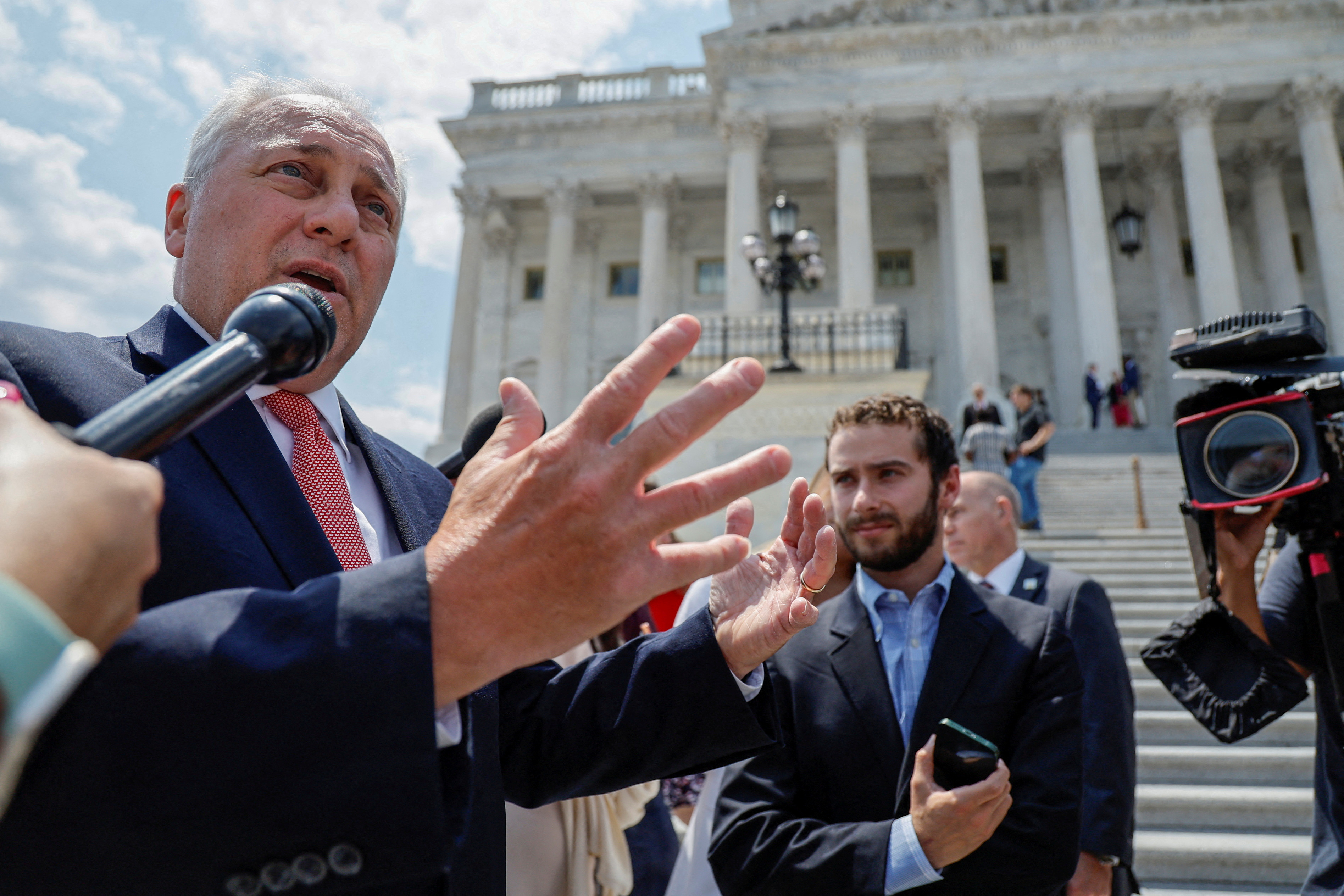 U.S. House Majority Leader Steve Scalise (R-LA) speaks to reporters after a vote at the U.S. Capitol in Washington, U.S. July 12, 2023. REUTERS/Jonathan Ernst/File Photo