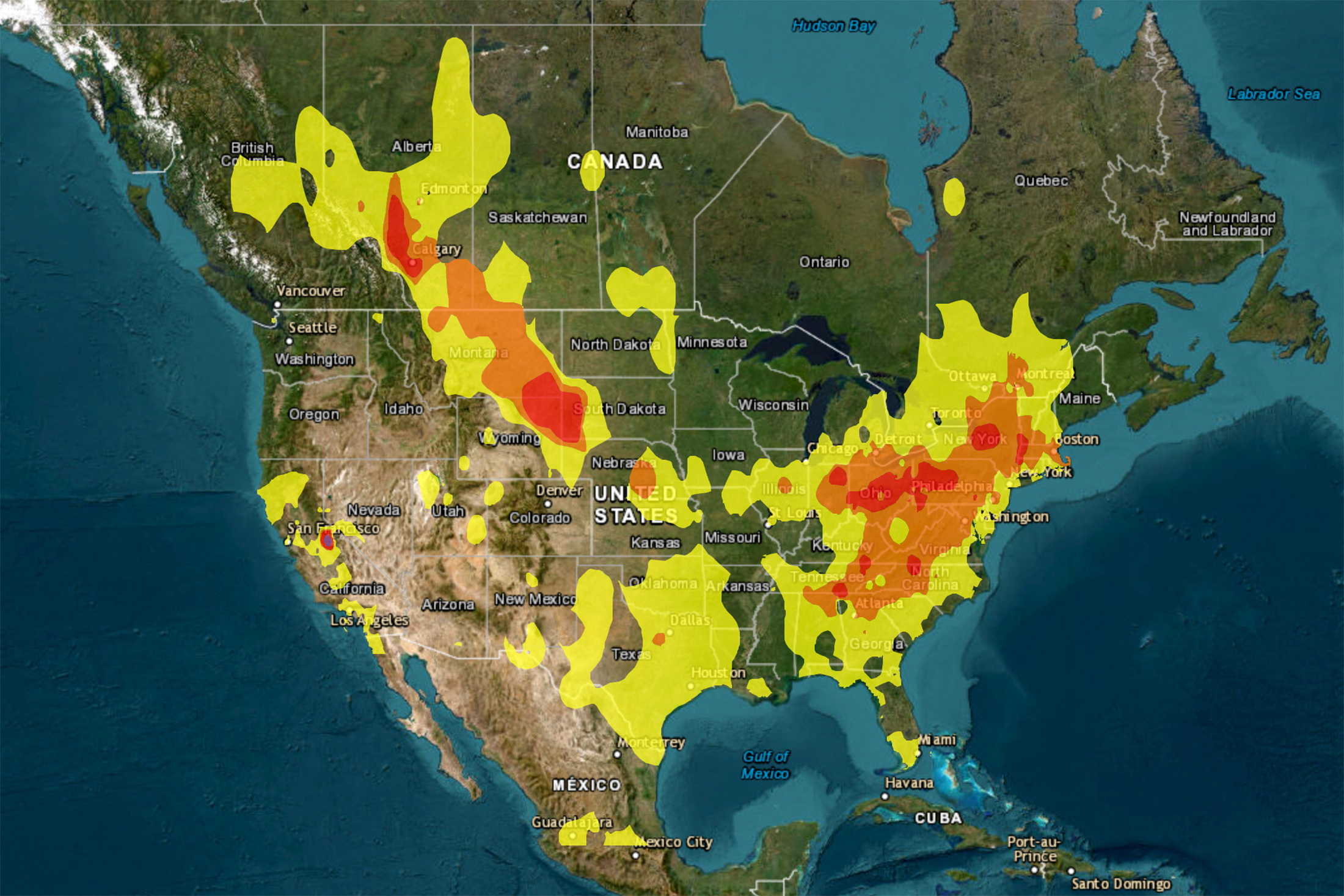 A map of North America shows concentrations of particulate matter (PM2.5), the main pollutant in wildfire smoke, as depicted on the airnow.gov site July 17, 2023. AirNow.gov/Handout via REUTERS.