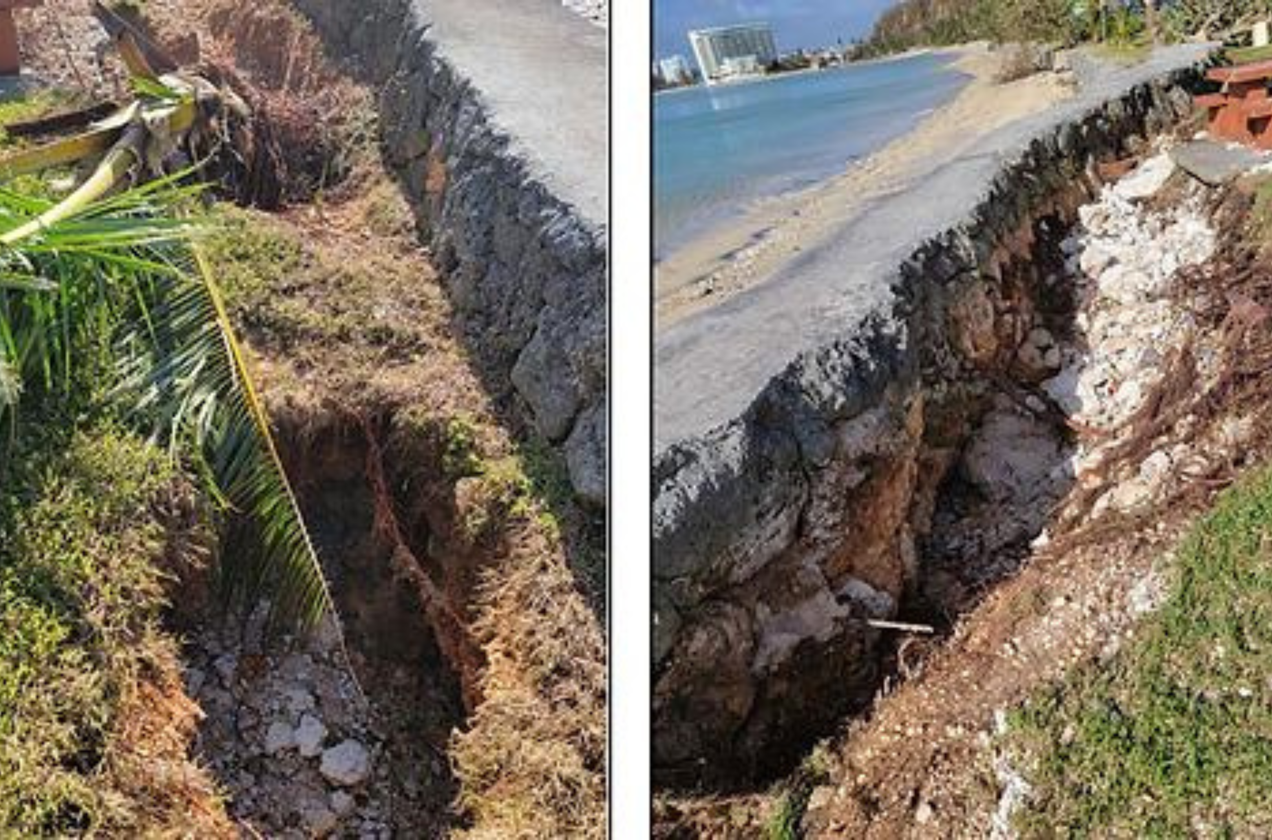 Erosion and undermining of the existing seawall built to protect the roadway is visible in within the study area