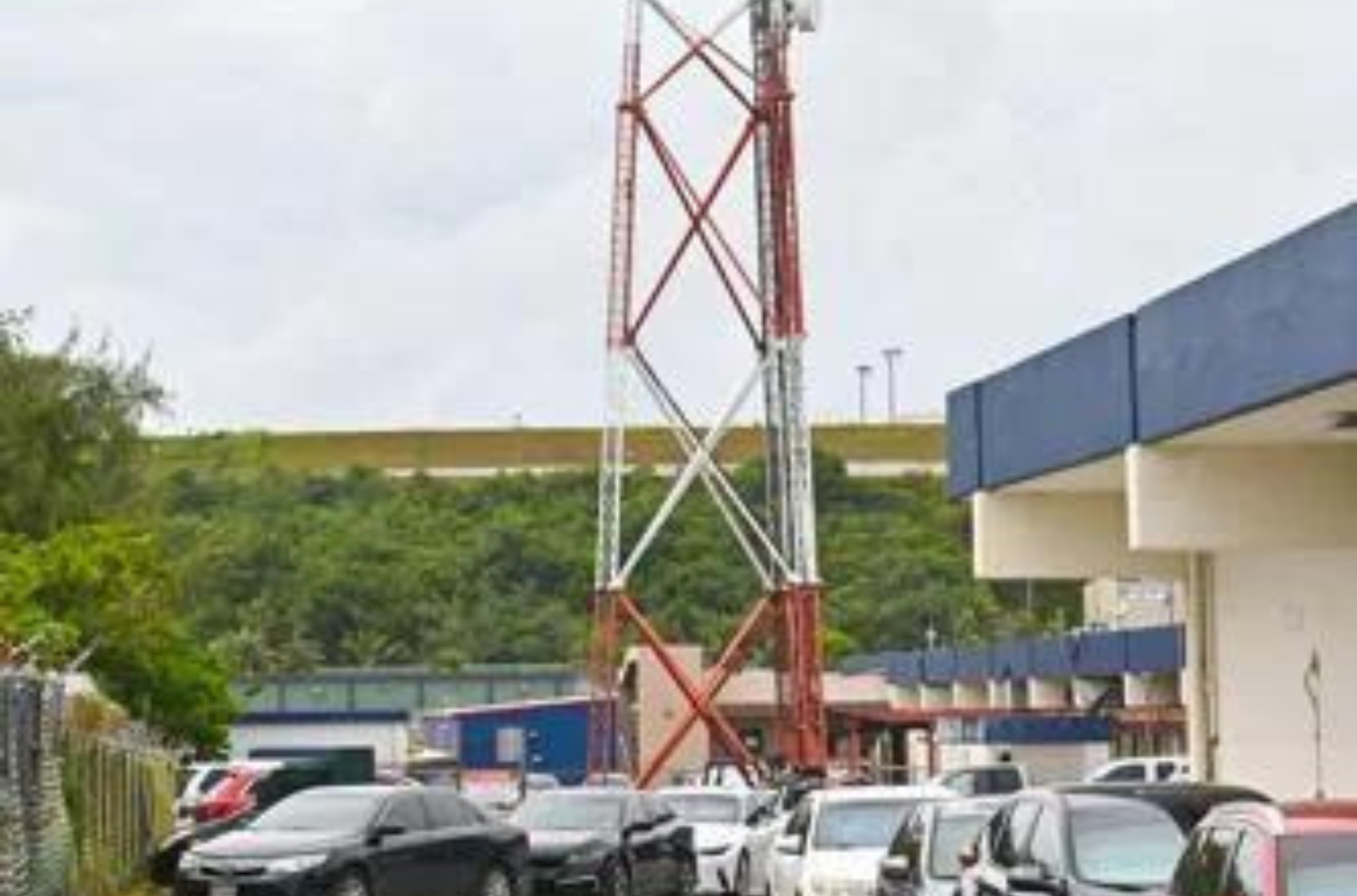 A communications tower at IT&E headquarters in Harmon is shown May 22, 2023. Guam’s three major telecom providers reported that 90% of cell sites, if not more, are back up and running.
