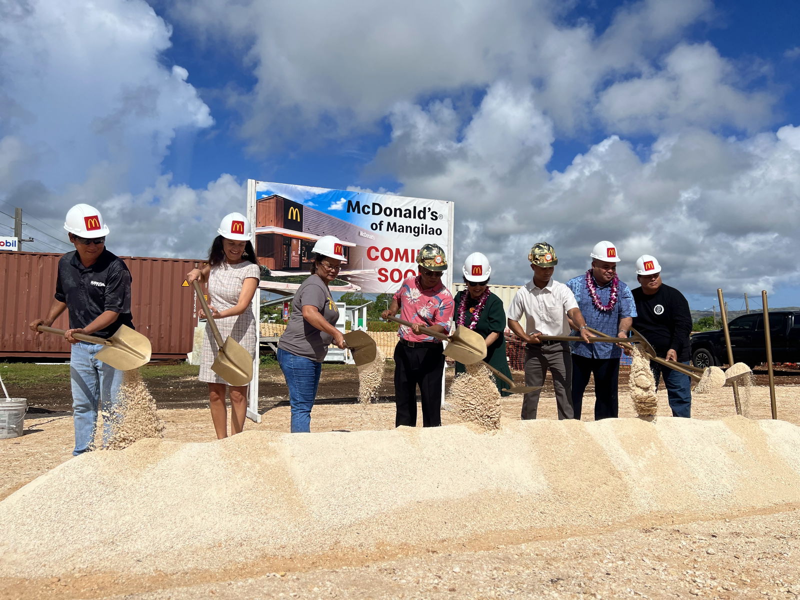 From left, Noel Lomtong, Nakoa Guam project manager; Sen. Therese M. Terlaje, speaker of the Guam Legislature; Marcia E. Ayuyu, vice president and owner/operator of McDonald’s of Guam and Saipan; Joe C. Ayuyu Sr., president and owner/operator of McDonald’s of Guam and Saipan; Lou Leon Guerrero, governor of Guam; Joe E. Ayuyu Jr., vice president and owner/operator of McDonald’s of Guam and Saipan; Joshua F. Tenorio, lt. governor of Guam; and Allan R.G. Ungacta, mayor of Mangilao.