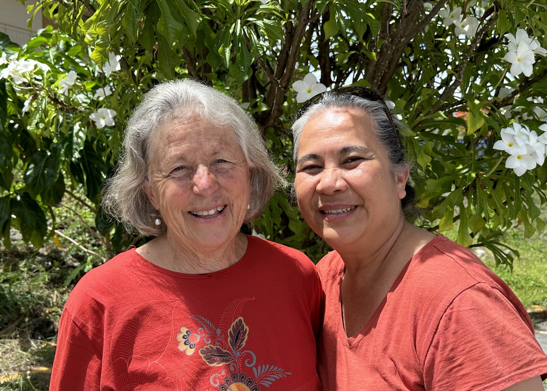 Author Nancy Bo Flood, left, poses with Anna Yamada, who became Flood’s good befriend in her days as an instructor at Northern Marianas College. This photo was taken recently when Flood was back on island as part of the “Saipan’s Land and Sea: Battle Scars & Sites of Resilience” program.