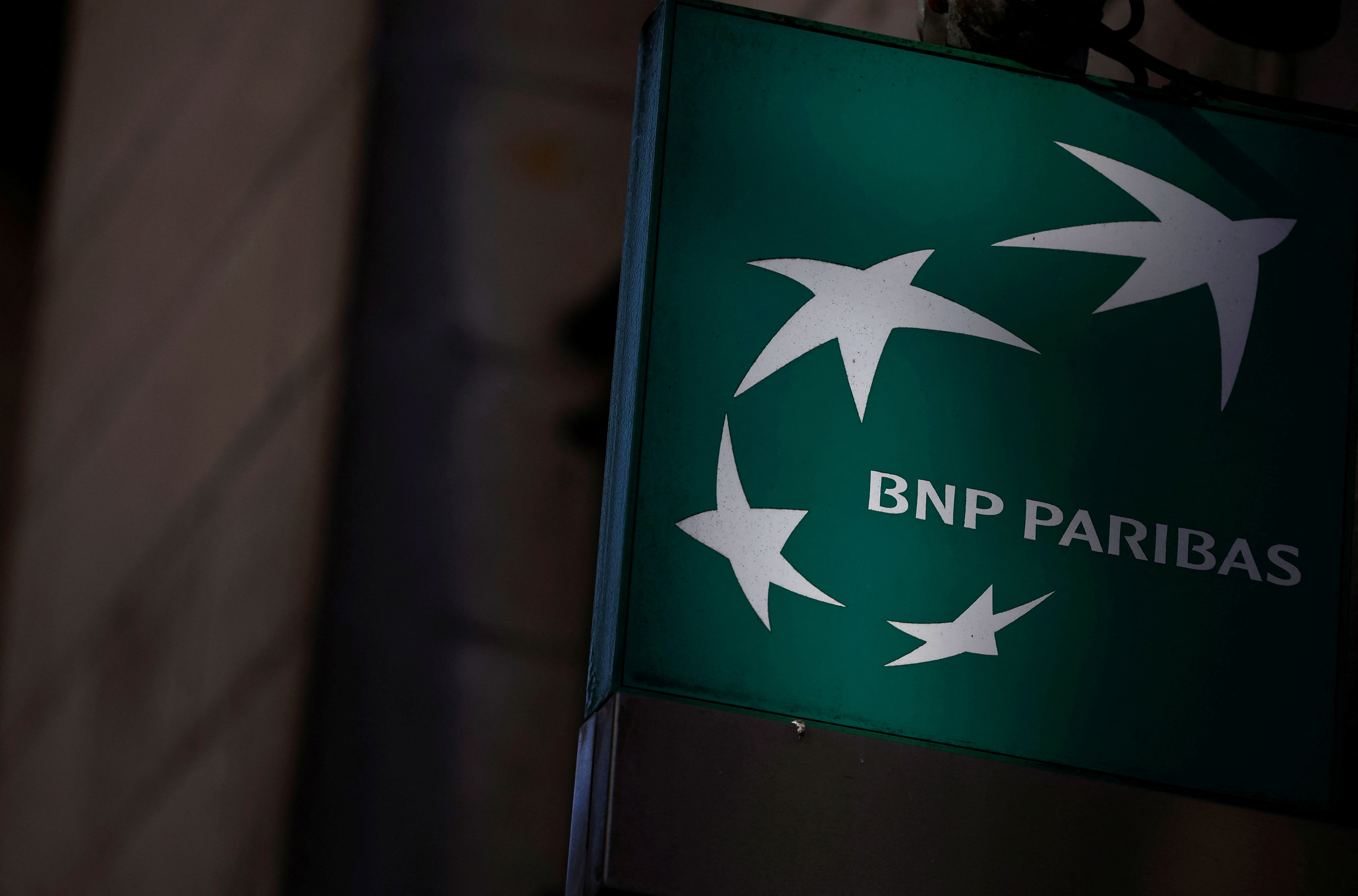 The logo of BNP Paribas bank is pictured on an office building in Nantes, France, March 16, 2023. REUTERS/Stephane Mahe/File Photo
