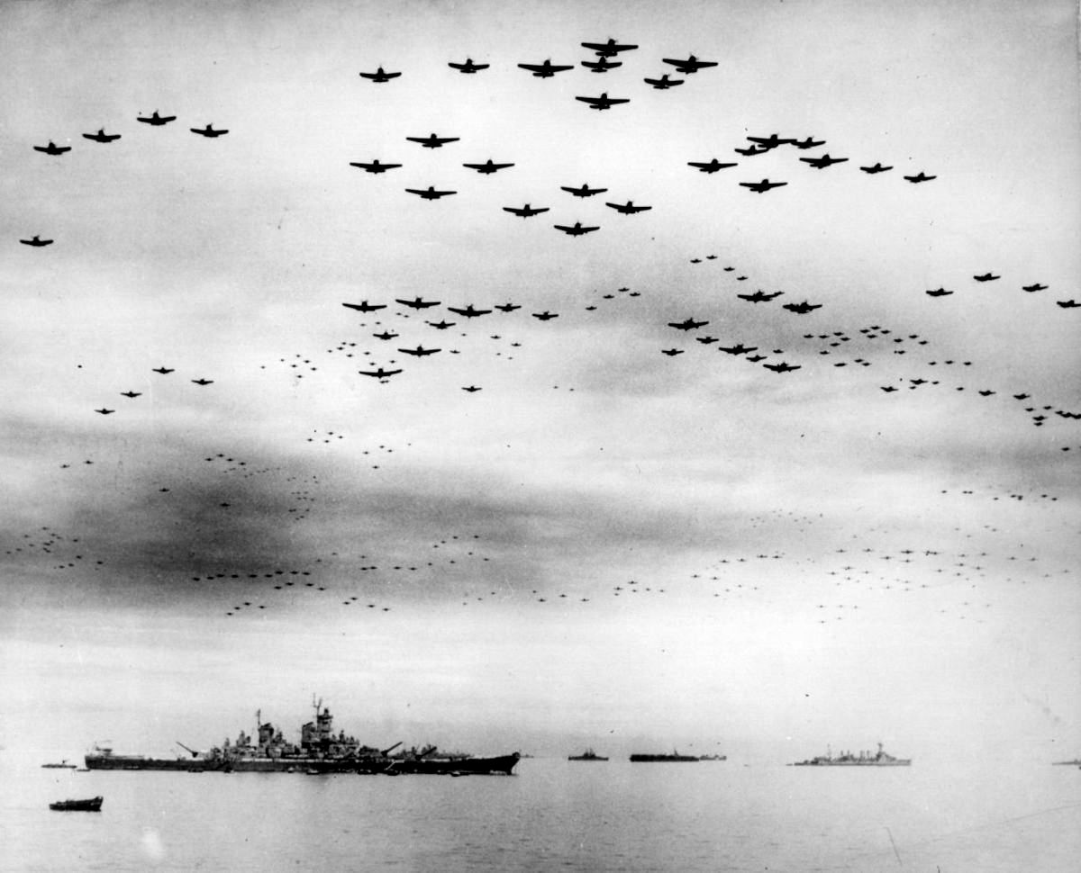 Over 1,000 planes, B-29s and fighter aircraft from Iwo Jima and Okinawa, flew over the USS Missouri on September 2, 1945, as the ceremony ending World War II in the Pacific ended.