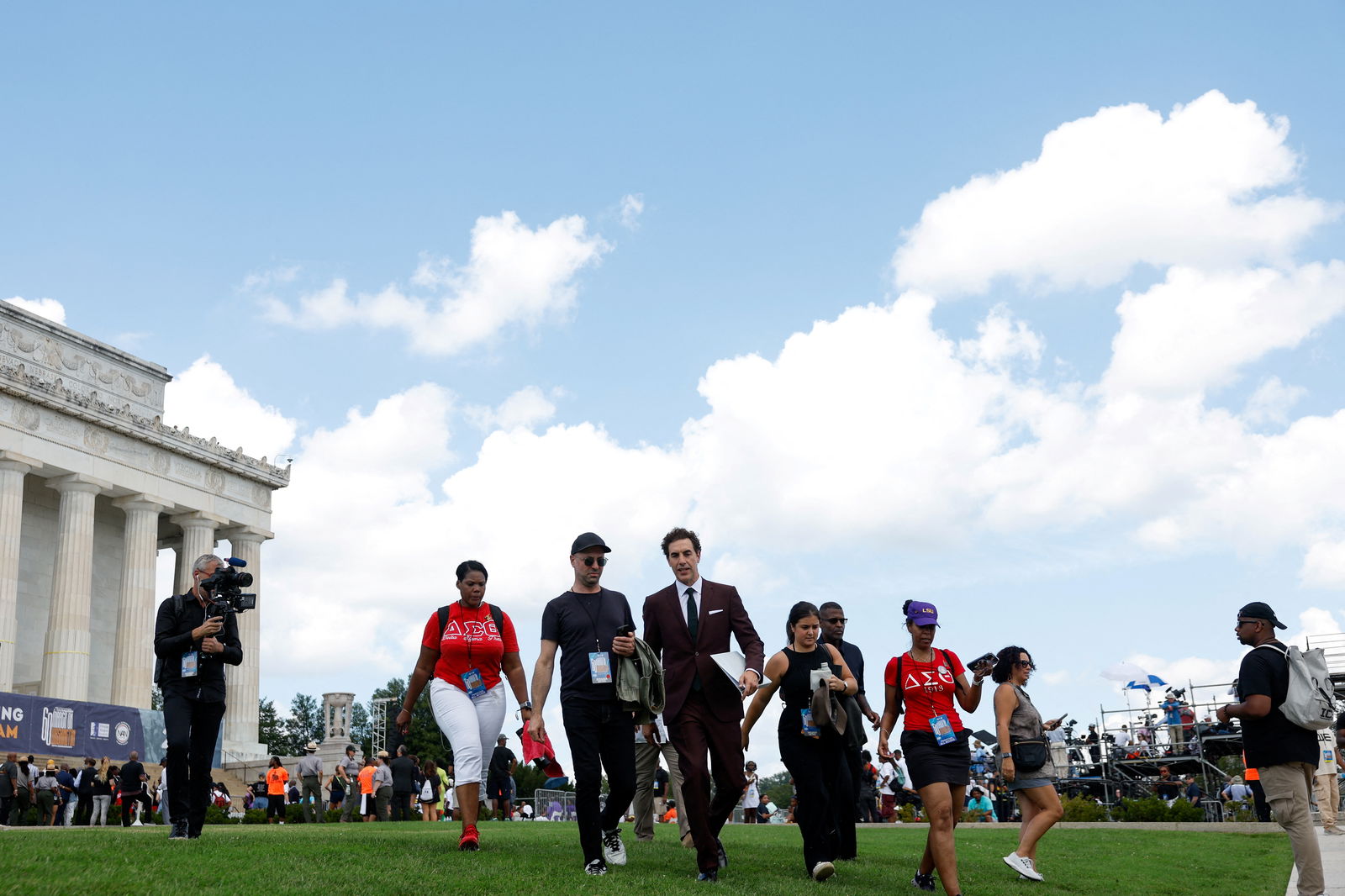 Actor Sacha Baron Cohen walks as demonstrators for racial justice gather on the 60th anniversary of the March On Washington and Martin Luther King Jr's historic "I Have a Dream" speech at the Lincoln Memorial, in Washington D.C, U.S., August 26, 2023. REUTERS/Evelyn Hockstein
