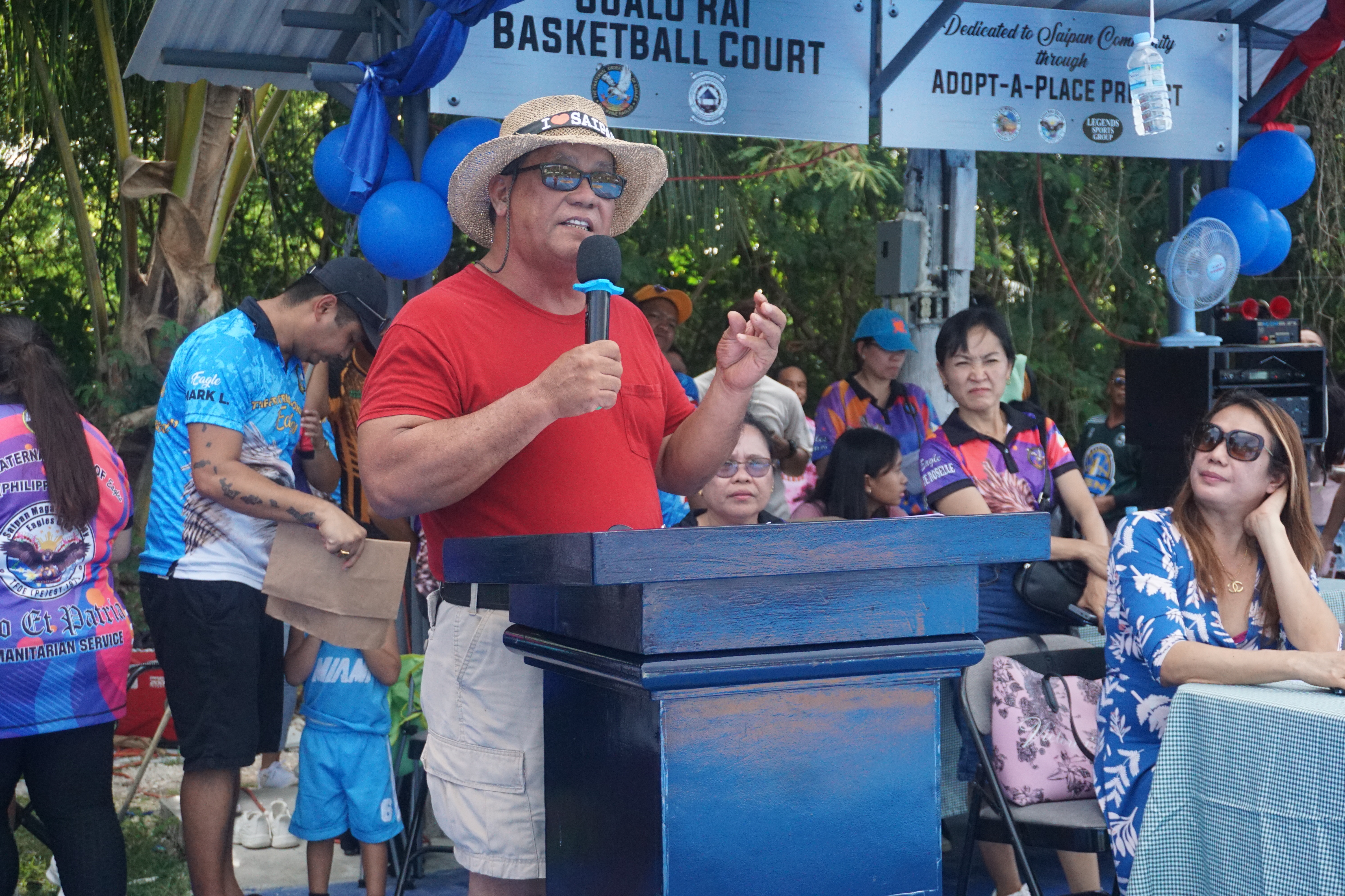 Saipan Mayor RB Camacho delivers his opening remarks during the opening ceremony of the 2023 Saipan MagaLahi Eagles Club Invitational Basketball League on Sunday at the Gualo Rai basketball court.
