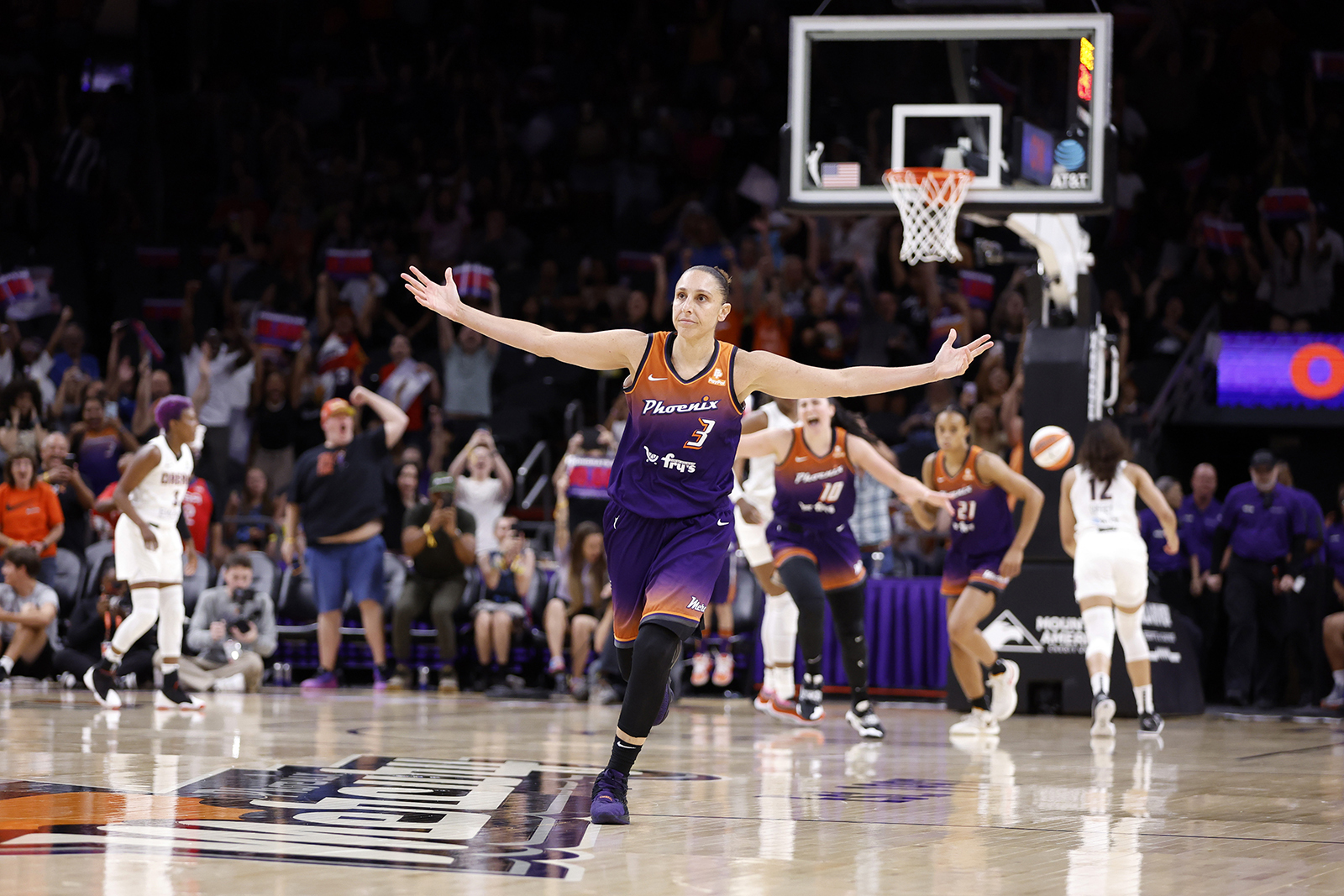 Guard Diana Taurasi #3 of the Phoenix Mercury reacts after scoring her 10,000th career point during the second half against the Atlanta Dream at Footprint Center on Aug. 3, 2023, in Phoenix, Arizona. (Chris Coduto/Getty Images/TNS)